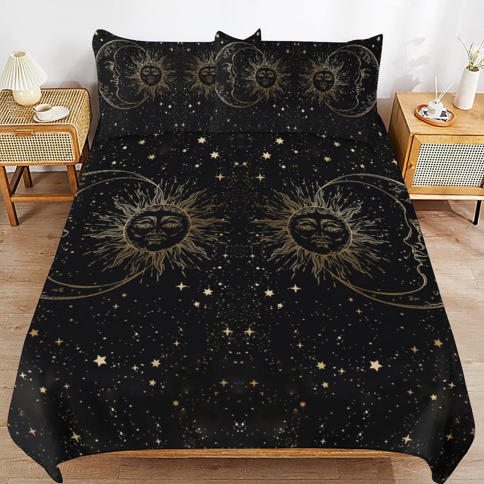 LITINGZHILONG LITINGZHILONG Sun Moon Black Gold Bed 3-Piece Set, Bohemian Retro Style Personality Room Bed Decoration Quilt Cover, Mandura Theme Moon and Sun Bed 3-Piece Set 1 Quilt Set 2 Pillow Cases 86\"x70\"