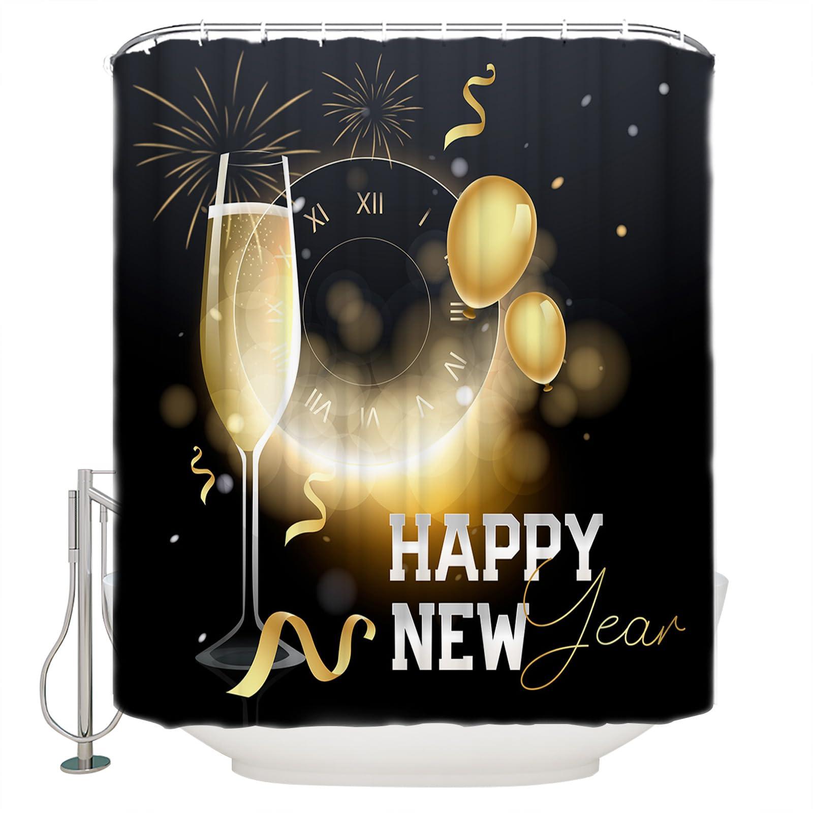 LIFEMUSION Happy New Year Shower Curtain Set - Extra Long 72\" x 96\" Washable Bathtub Curtain with 12 Hooks, Yellow Champagne Clock Balloon Ribbon Waterproof Fabric Stall Shower Curtains for Bathroom/Bathtub