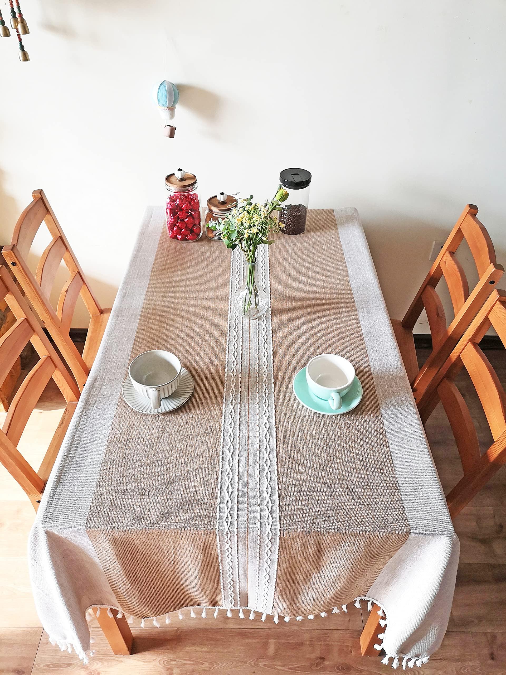 Dabuda Dabuda Coffee Cotton Linen Tablecloth for Rectangle Tables Fabric Tassel Tablecloths for Kitchen,Dining, Christmas Party (Coffee,5587 Inch,6-8 Seats)