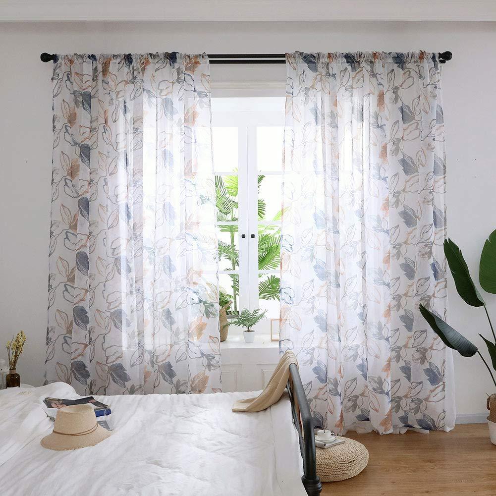 Enforose Enforose Sheer Curtains Printed, Leaf Pattern Polyester Window Drapes Sheer Floral Curtains Bedroom Living Room Decor(Brown)