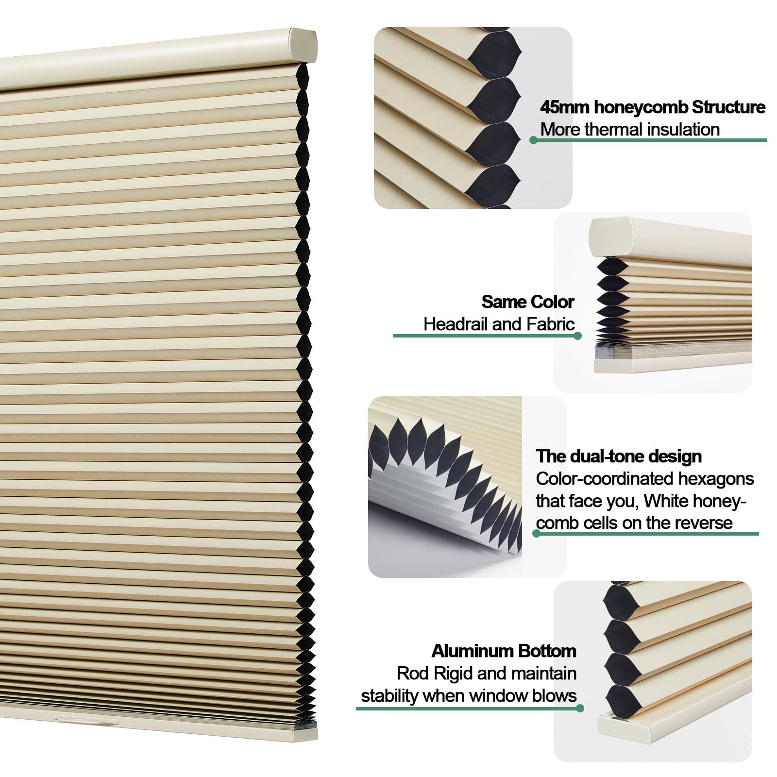 Tonature Toanture Custom Cordless Cellular Blinds, Easy to Install Blackout Honeycomb Window Blinds for Shades, Thermal Insulated 1.8" Single Cell Honeycomb Blinds for Bedroom, Office(Beige,77" W x 72" H)