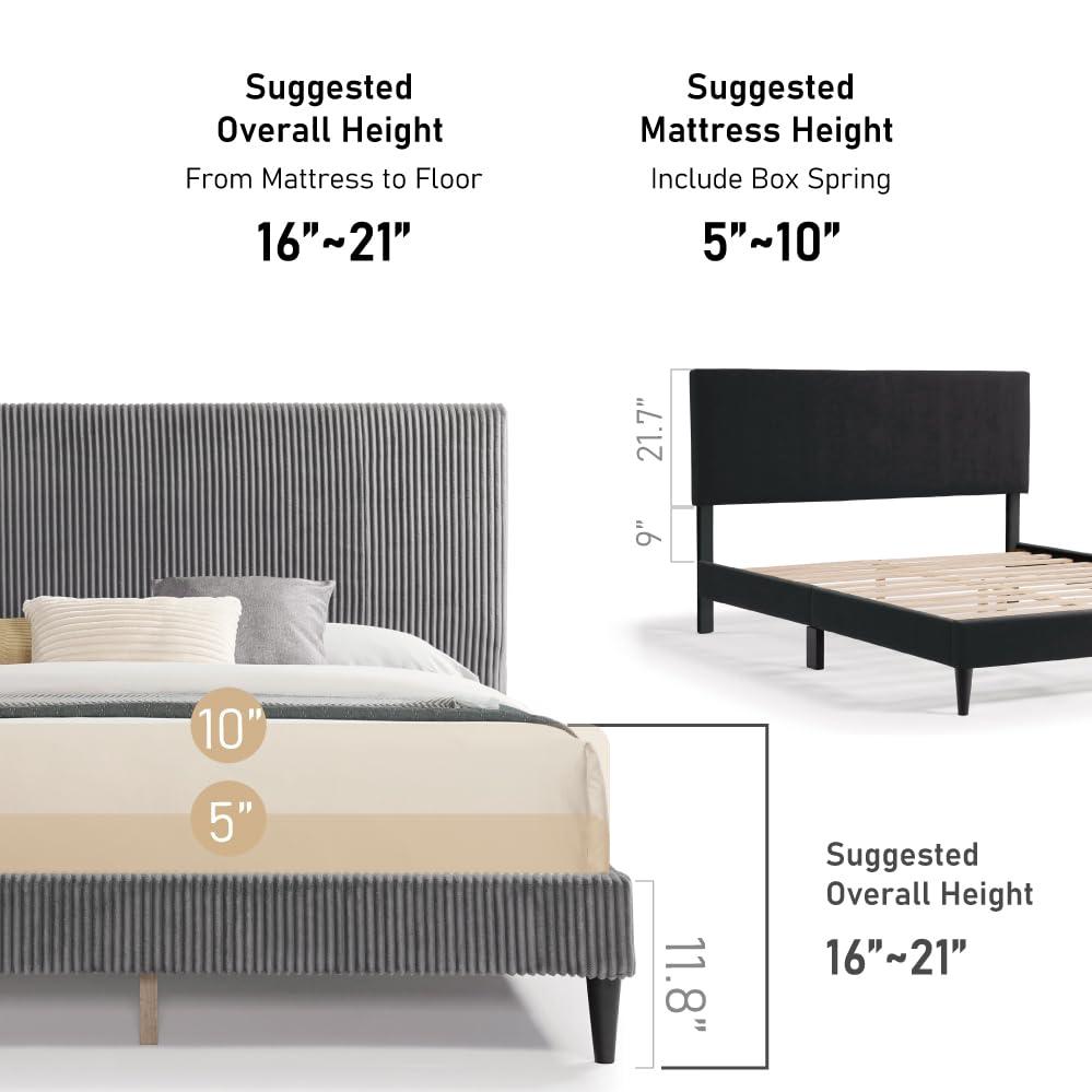 HOMES: Inside + Out HOMES: Inside + Out Lysandra Modern Bed Frame Queen Size with Upholstered Headboard and Corduroy Fabric Cover, No Box Spring Needed for Bedroom, Guest Room, Dark Gray