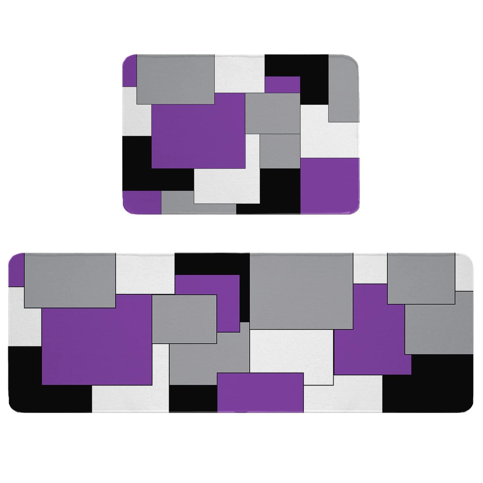 Carosoffe Carosoffe Geometric Purple Gray Black Kitchen Rug 2 PCS, Non-Slip Soft Absorbent Standing Mats for Kitchen Bathroom Living Room Laundry Room Runner Rug Set Abstract Art