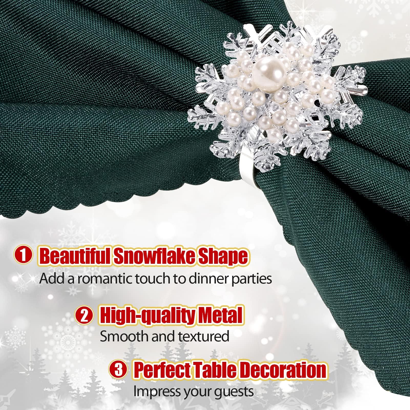 ANPHSIN Christmas Napkin Rings- Set of 6 Snowflake with Pearl Napkin Holder Rings Silver Xmas Napkin Buckle for Christmas Holiday Party Dinner Wedding Banquet Dinning Table Settings Decoration
