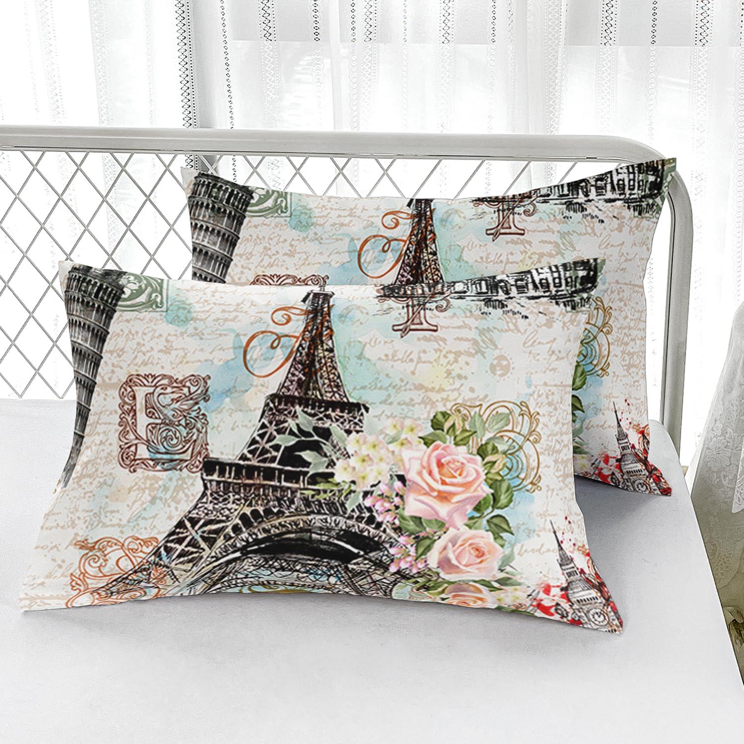 Nttopship Nttopship Romantic Eiffel Tower Comforter Set Queen Size for Kids and Adults 3Pcs,Retro Style Eiffel and Flowers Bedding Set Soft Comfoter for All Season Child Room Decor