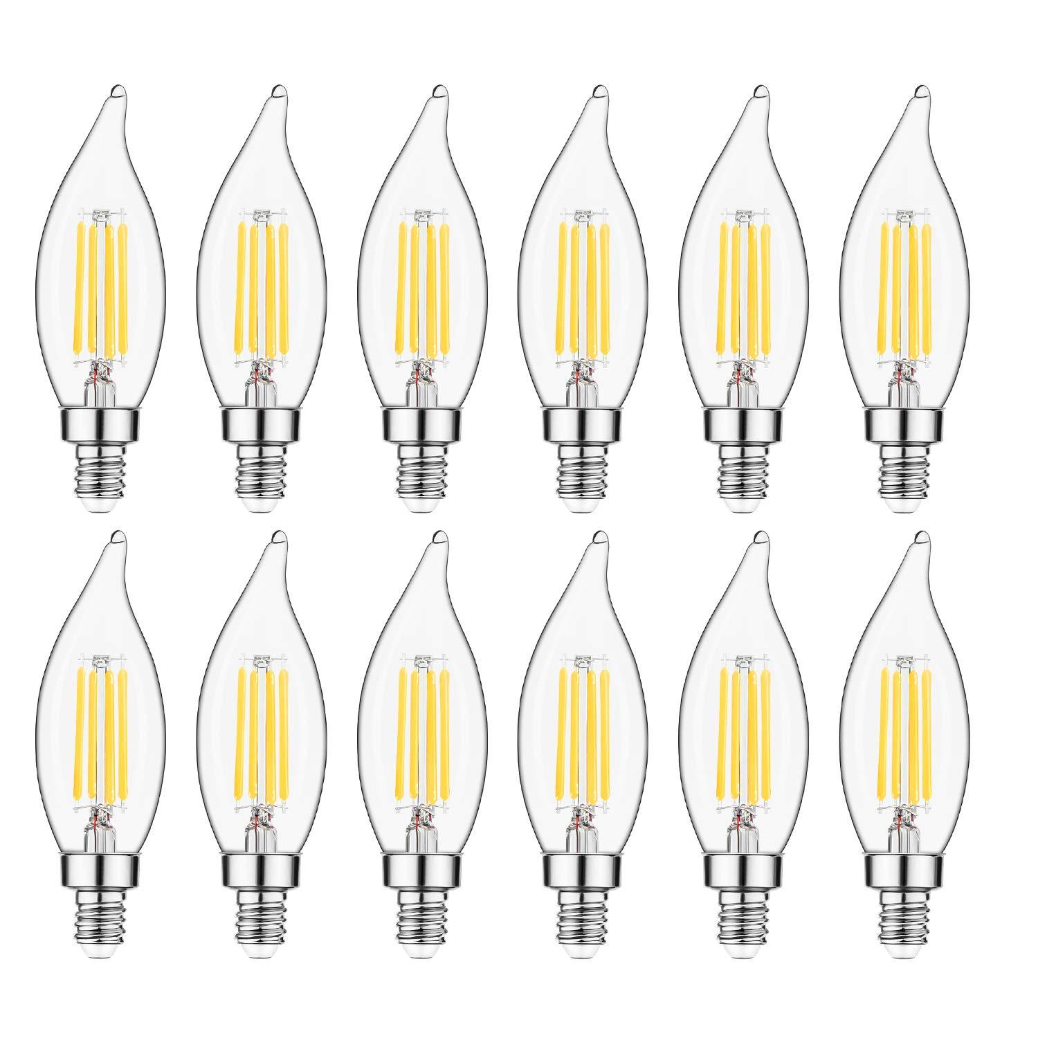 Sigalux Sigalux E12 LED Bulb Candelabra Base 60 watt Chandelier Light Bulbs Dimmable, Flame Tip , 4.5W, 500LM 2700K Soft White, CA10 Candle Light Bulbs, 12 Packs