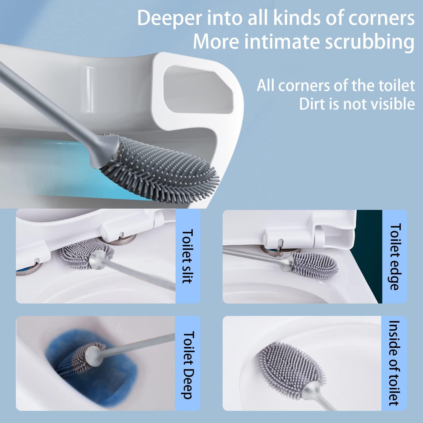 Homy Timy Silicone Toilet Brush - Soft Flat Toilet Brush and Holder,Silicone Flex Toilet Brush and Bathroom Crevices Brush, Compact Toilet Bowl Cleaner Brush Set, Wall Mounted/Floor Standing. (White)