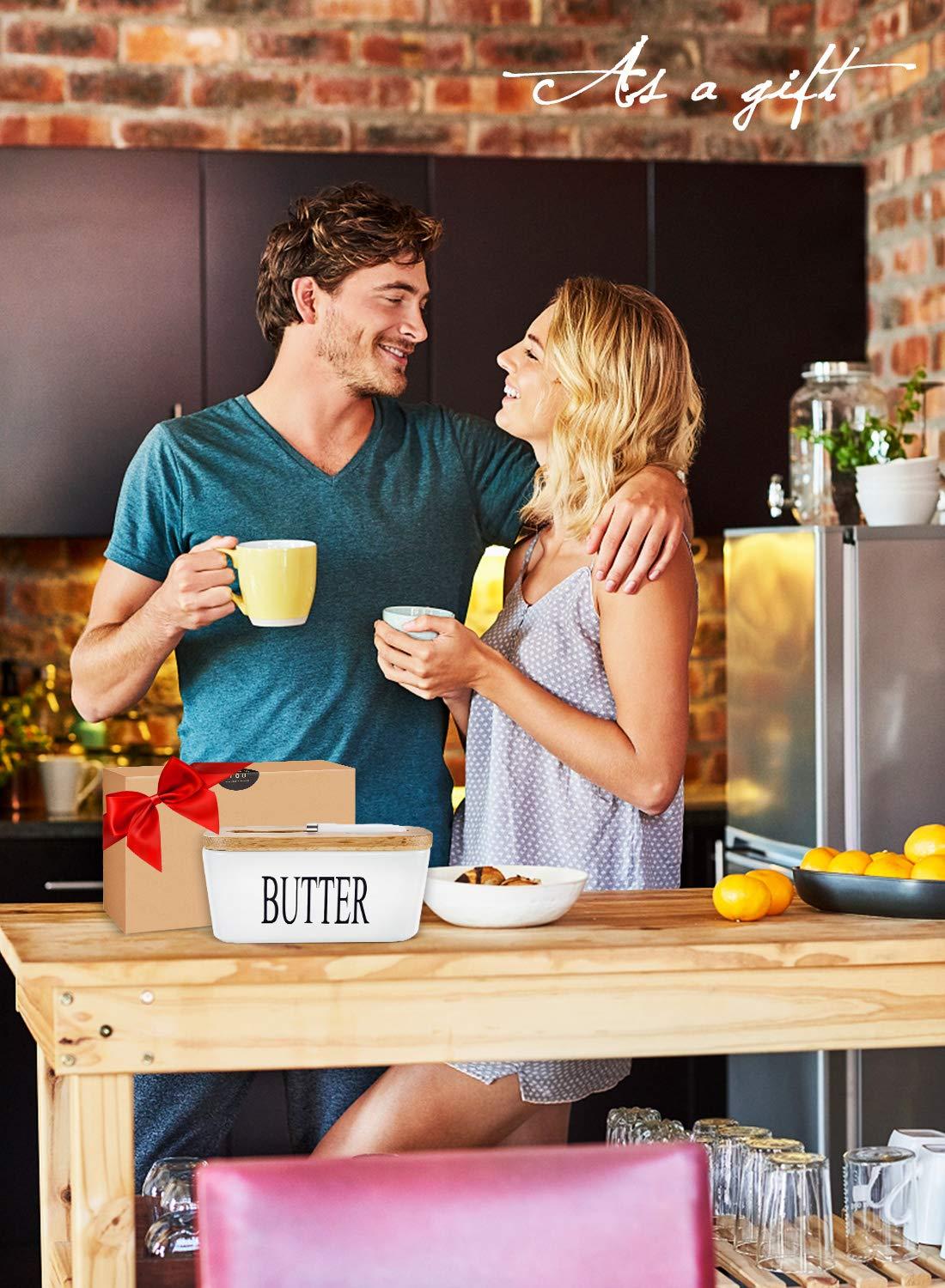 AISBUGUR AISBUGUR Butter Dish with Lid Ceramics Butter Keeper Container with Knife and High- quality Silicone Sealing Butter Dishes with Covers Good Kitchen Gift, Set of 2, White