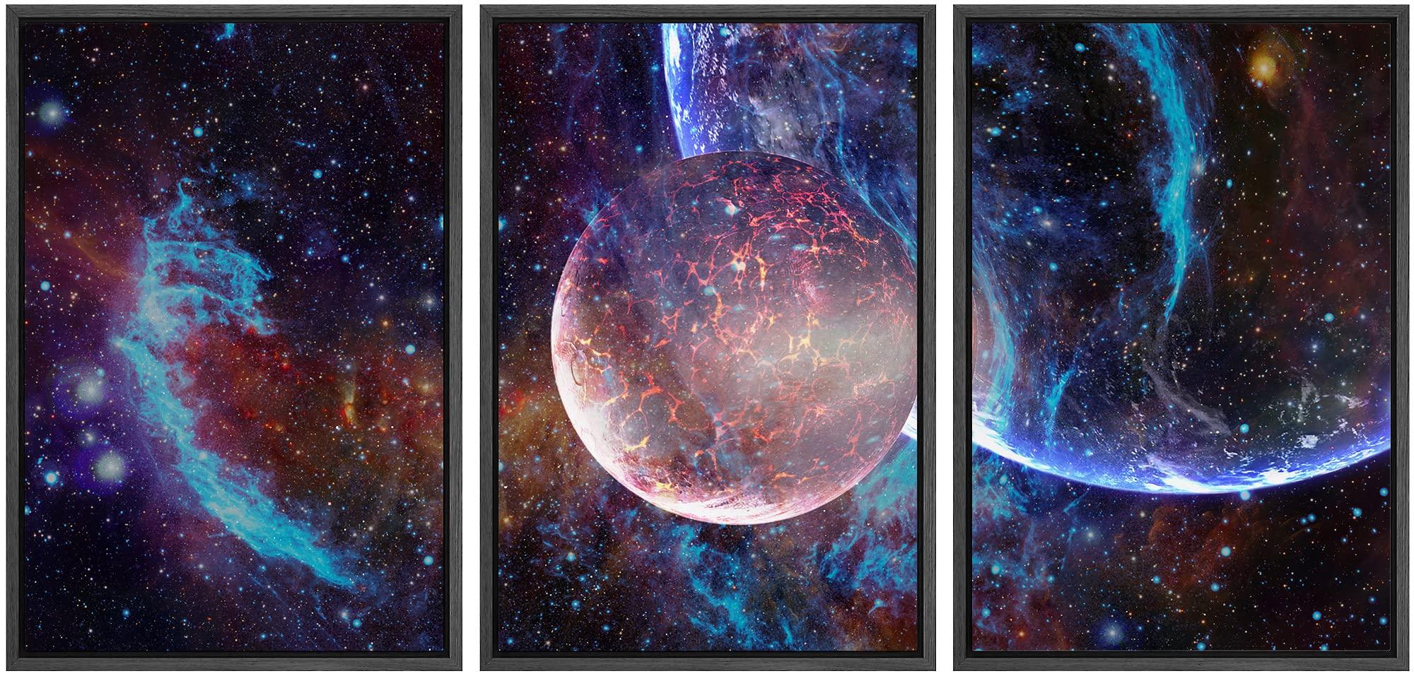 wall26 wall26 Framed Canvas Print Wall Art Set Blue Planet Galaxy Eclipse Astronomy & Space Nature Digital Art Sci-Fi & Fantasy Decorative Landscape for Living Room, Bedroom, Office - 24\"x36\"x3 BLACK