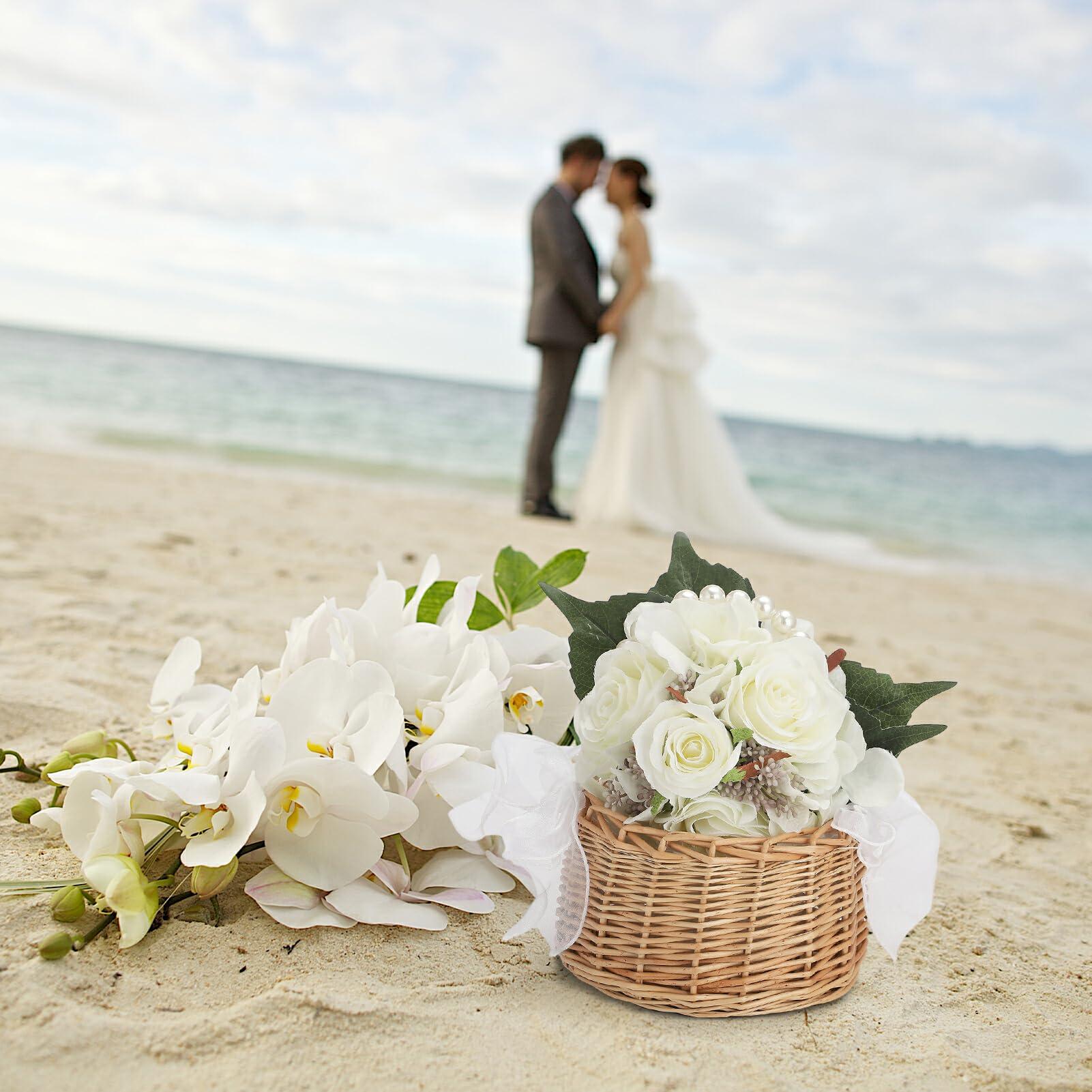 DULRLLY Wicker Rattan Flower Girl Basket Set of 2 Rustic Wedding Flower Girl Basket with Pearl Handle Small Flower Basket for Flower Girl Fairy Wedding Basket Handwoven Easter Baskets for Boys Girls Wedding