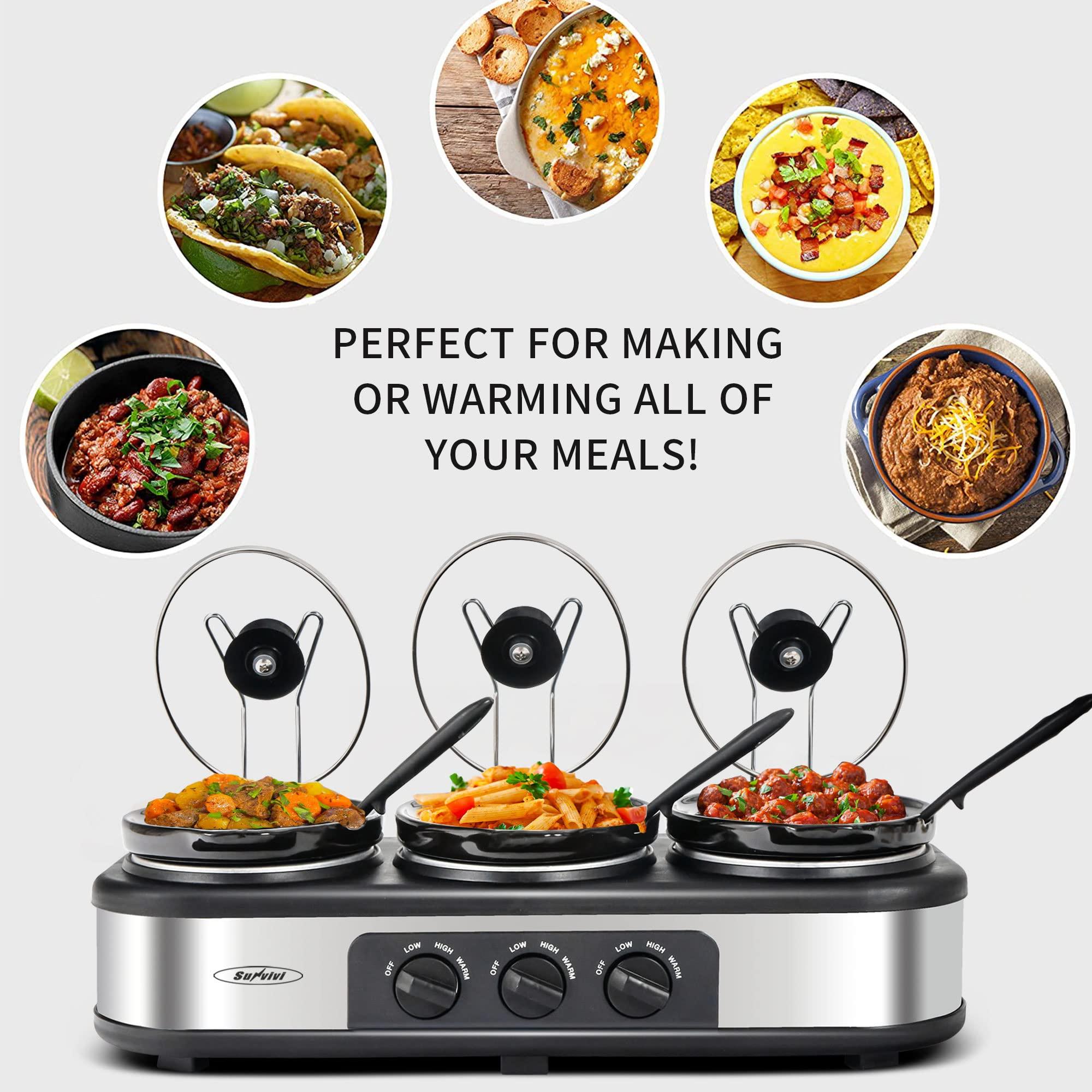 Sunvivi Sunvivi Slow Cooker, Triple Slow Cooker Buffet Server and Food Warmer, 3-Section 1.5-Quart Upgraded Oval Ceramic Pot with Stainless Steel Lid Rests, 3 Spoons, Total 4.5 QT