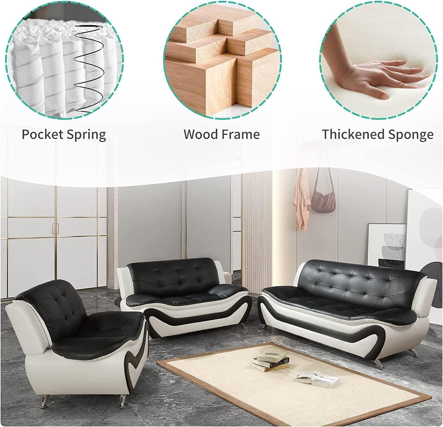 AYCP AYCP Contemporary Living Room Furniture Set, Vegan Leather Sofa Set for Living Room/House/Bedroom/Office/Apartment (White/Black, 3 PCS), F45&F46