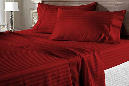AMAY AMAY Luxury Soft 100% Egyptian Cotton Sheet Set Sateen Weave 500 TC RV Short King Size, Fits Mattress Upto 10-12\'\' DeepPocket, Burgundy Stripe