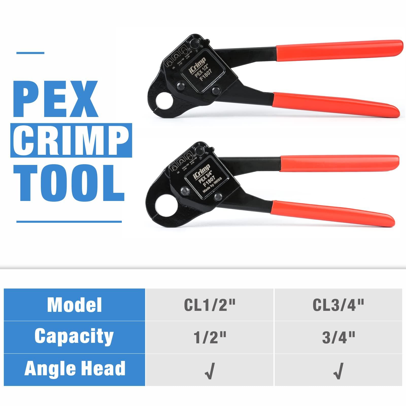 IWISS iCrimp Angle PEX Crimping Tool for 1/2-inch & 3/4-inch PEX Copper Crimp Rings and Barbed PEX Fitting, c/w PEX Tubing Cutter & Go/No-Go Gauge, Meets ASTM F1807 Standard PEX PlumbingTool