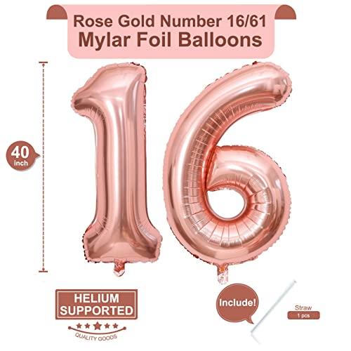LHOAVWE 40 Inch Rose Gold 16 Number Balloons Giant Jumbo Huge 16 61 Foil Mylar Helium Number Digital Balloons Rose Gold Birthday Mylar Digital Balloons 16th Birthday Anniversary Events Party Decorations
