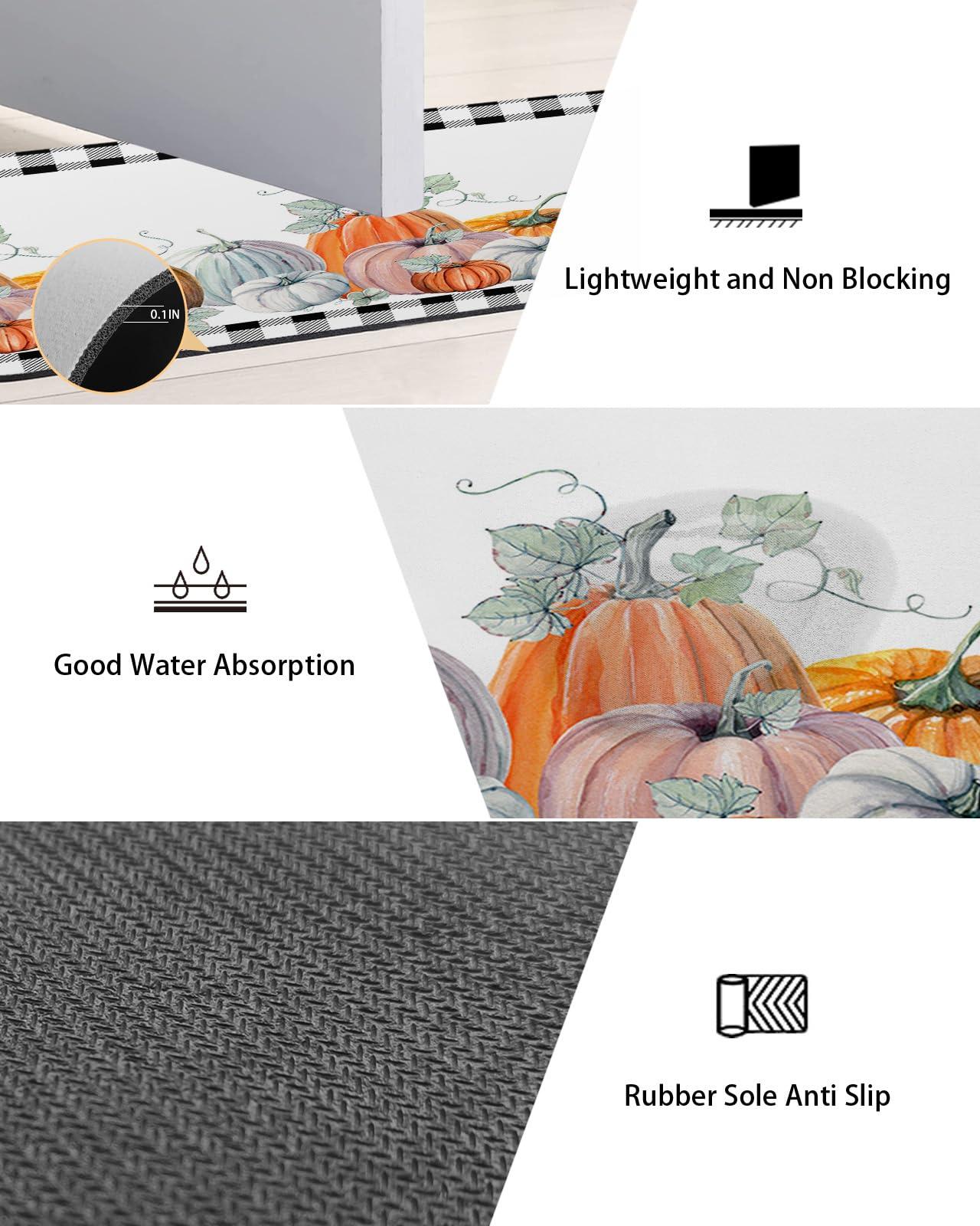 Jolunifun Thanksgiving Pumpkin Bath Mat for Tub,Non Slip Bathroom Floor Runner Rug Quick Dry & Absorbent Diatomaceous Earth Shower Sink Kitchen Washable Doormat,Fall Eucalyptus Buffalo Plaid Check 16x24+16x47