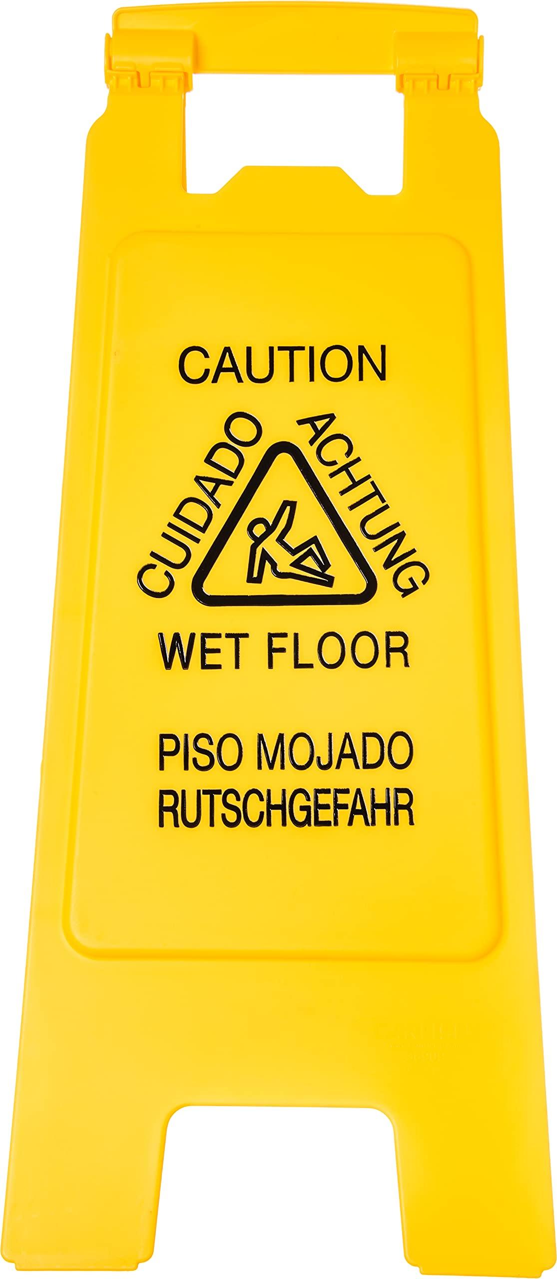 Carlisle FoodService Products SPARTA Flo-Pac Caution Wet Floor Sign with English, Spanish, German for Commercial Use, 25 X 11 Inches, Yellow, (Pack of 6)