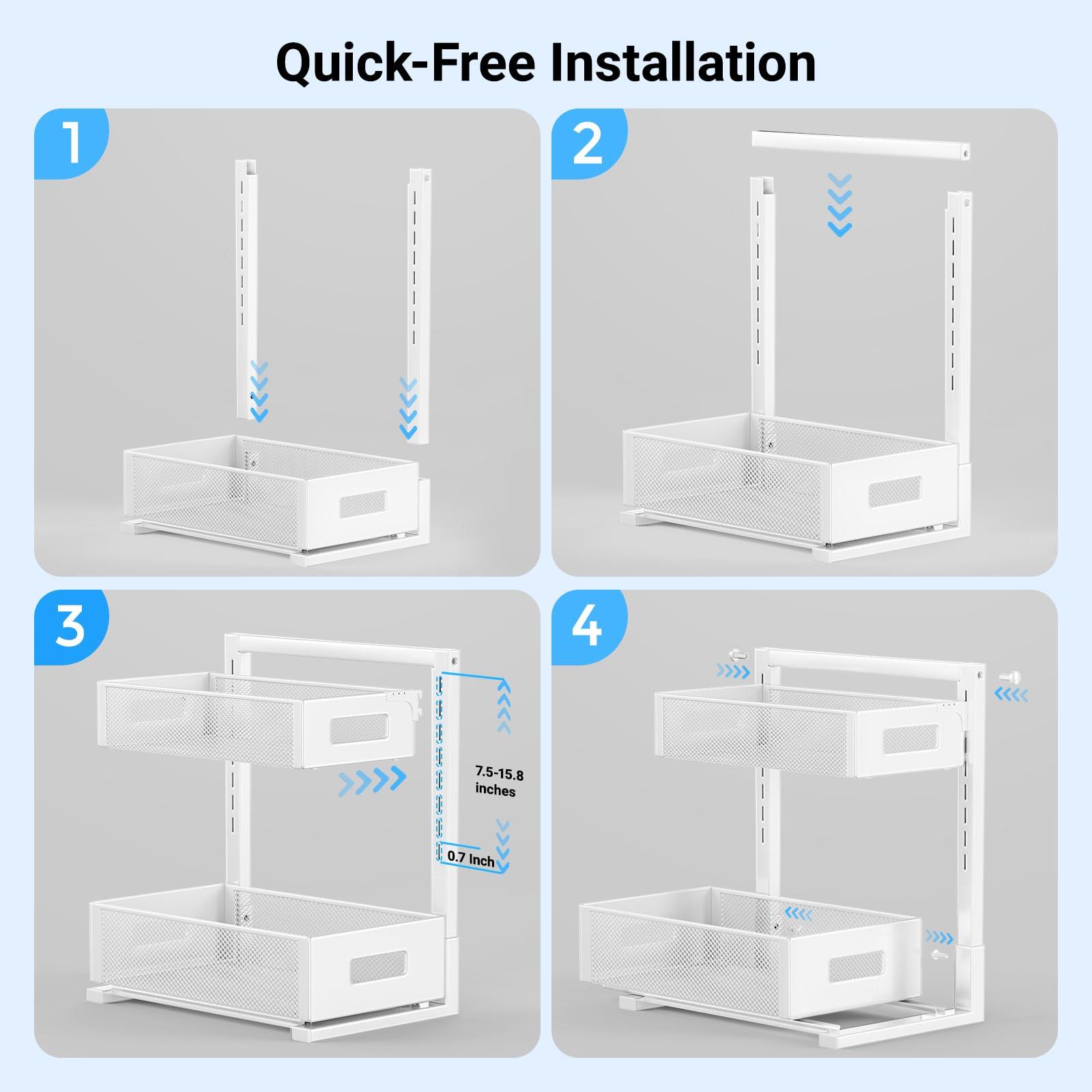 TISTAYA TISTAYA Pull-out Under Kitchen Sink Organizer, Metal Functional Under Sink Organizer, Height Adjustable Under Bathroom Sink Organizer, Under Sink Storage for Kitchen Bathroom Cabinet (White)