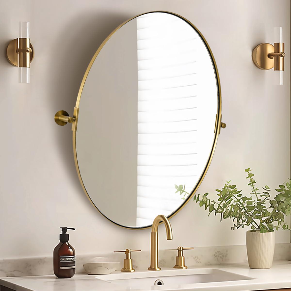 ANDY STAR ANDY STAR Gold Oval Mirror, Oval Pivot Bathroom Mirror, Brushed Gold Oval Pivot Mirror Bathroom Stainless Steel Metal Frame Tilting Vanity Wall Mirror Hangs Vertical