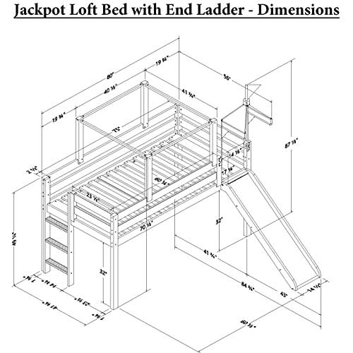 JACKPOT! JACKPOT! Castle Low Loft Bed with Slide, Red Yellow and Blue Tent and Tower, Twin, Cherry
