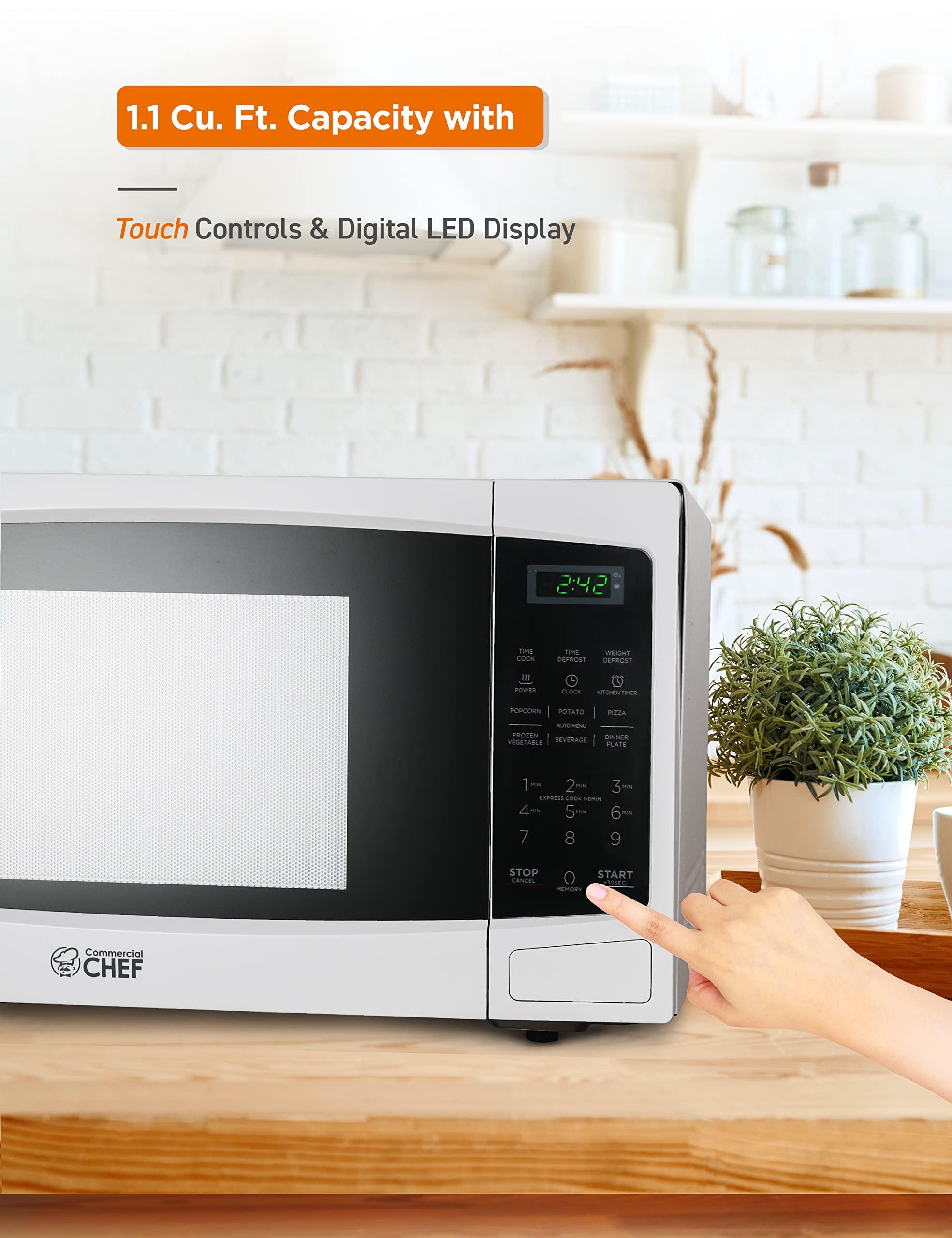 Commercial CHEF COMMERCIAL CHEF 1.1 Cu Ft Microwave with 10 Power Levels, Microwave 1000W with Push Button Door Lock, Countertop Microwave with Microwave Turntable and Digital Controls, White