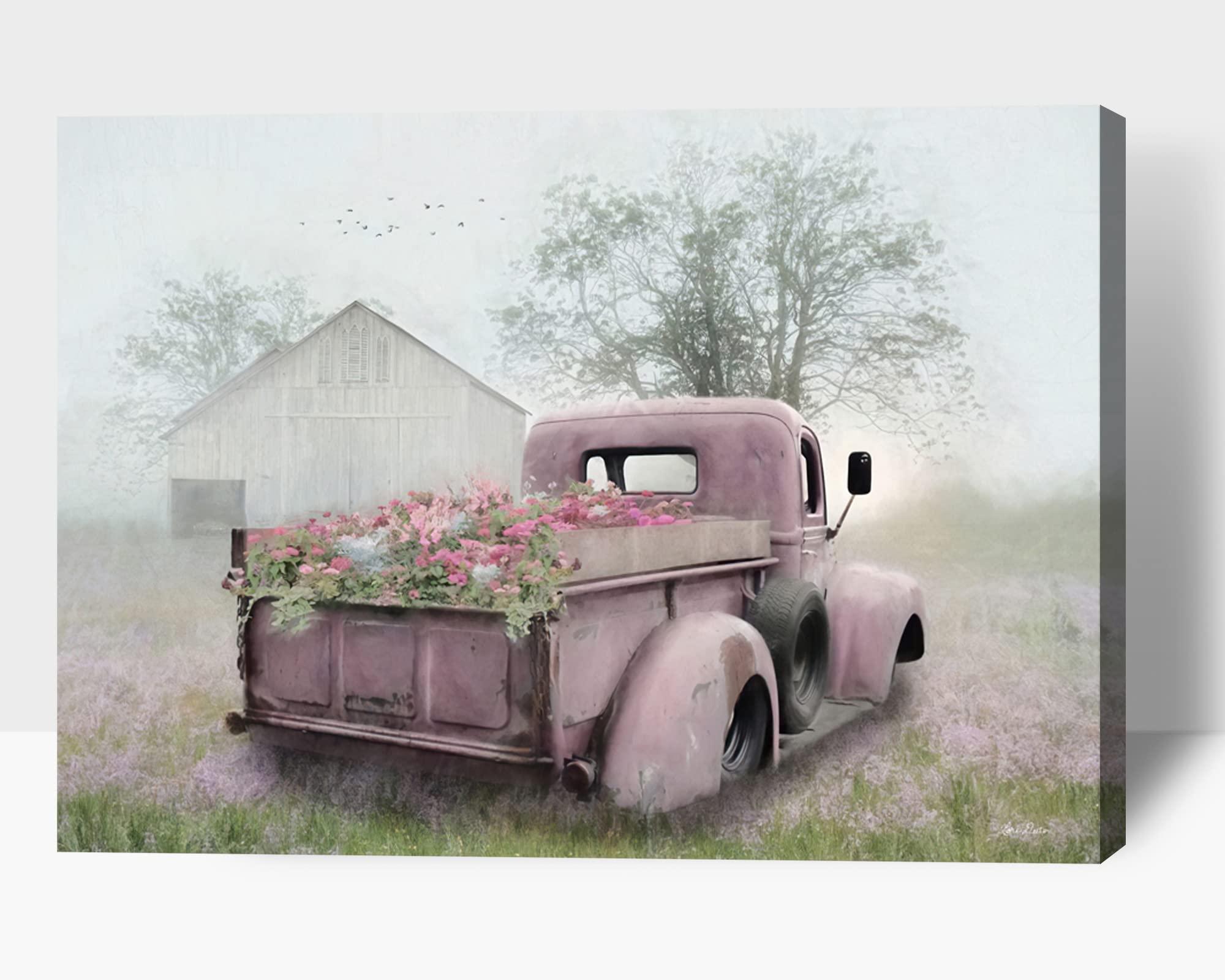 GUTTATY Farmhouse Truck Wall Art, Farmhouse Canvas Wall Art, White Barn Pictures Wall Art, Country Antique Pickup Truck Canvas Prints, Pink Truck With Petunias Canvas Wall Decor for Livingroom 28x40 Inches