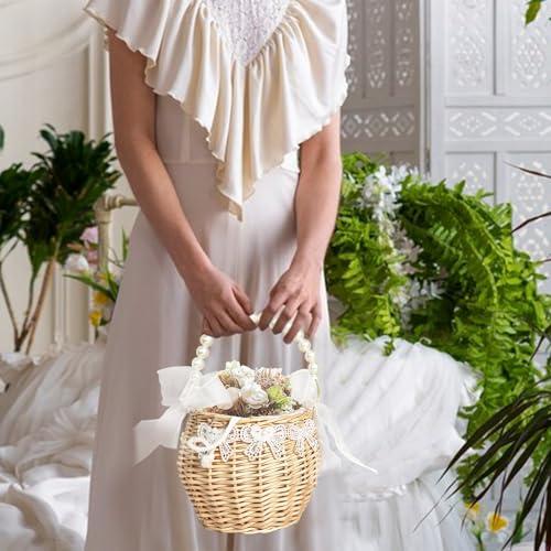 JUOPZKENN JUOPZKENN Rattan Flower Basket,Pearl Flower Girl Basket Rattan Basket Flower Girl Bag Rustic Flower Girl Basket Wicker Basket for Wedding Flower Girl Accessories(18cm / 7.1in-White 2)