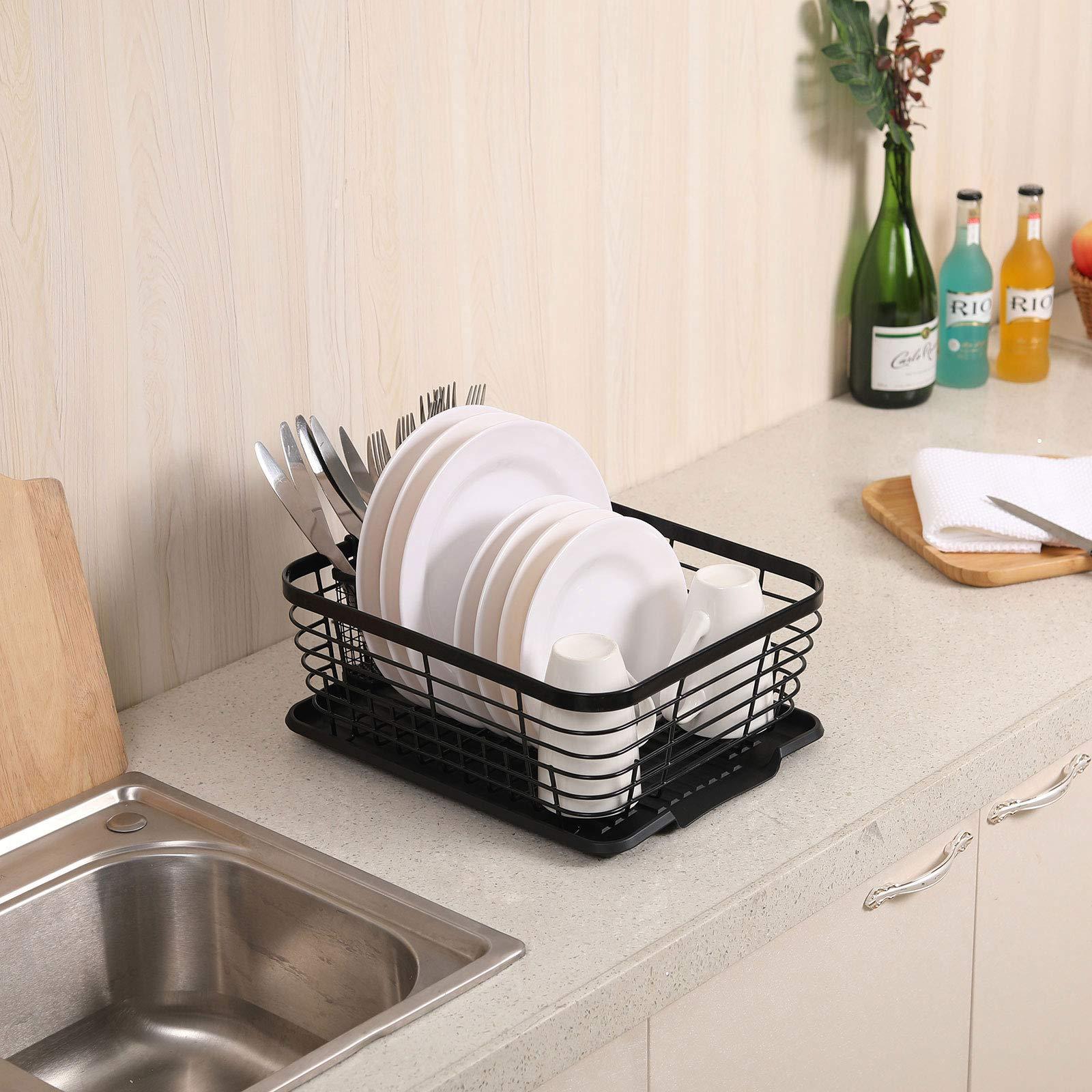 TQVAI TQVAI Kitchen Dish Drainer Rack with Drying Board and Full-Mesh Silverware Utensils Holder, Black