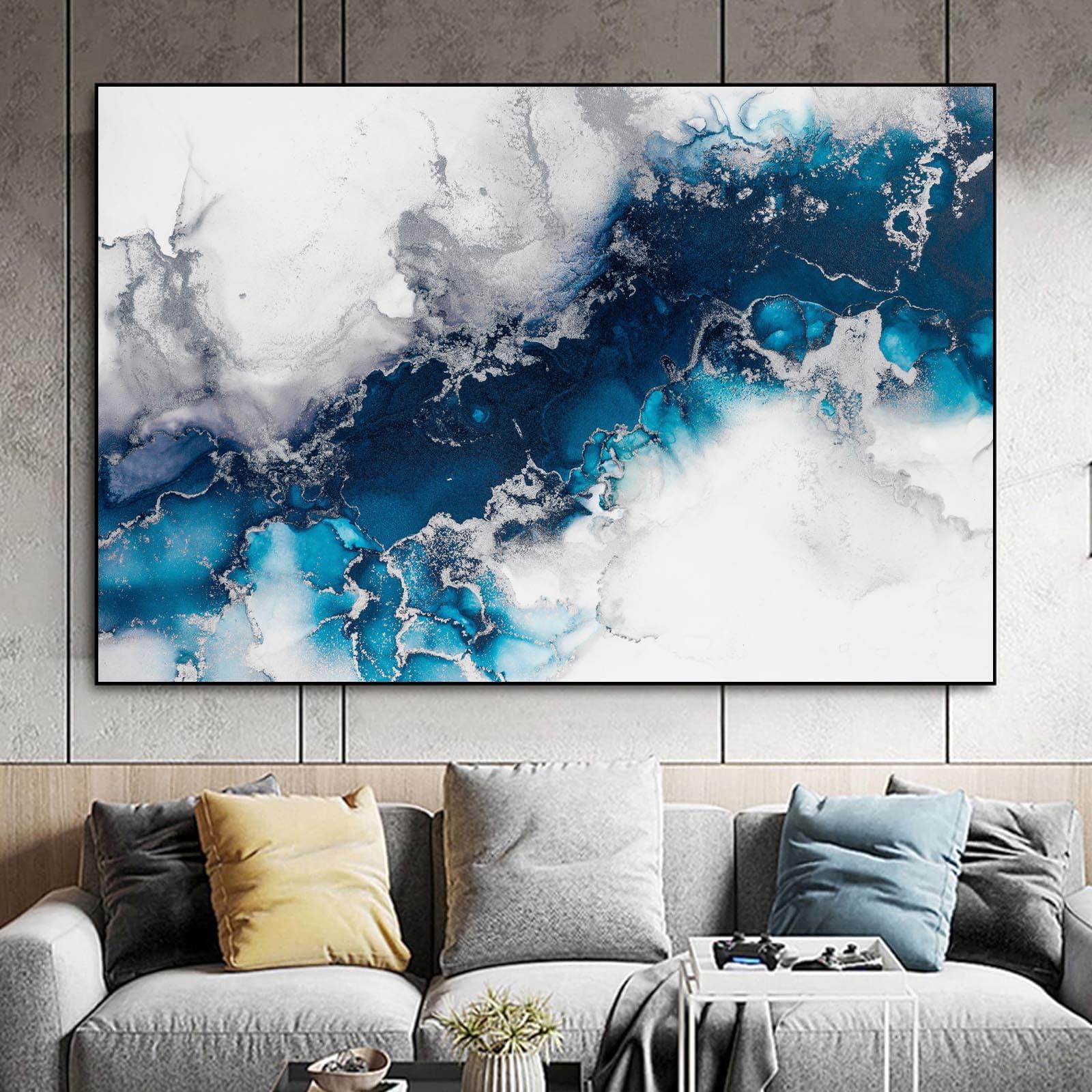 Dthllay Teal Blue Abstract Wall Art Blue Marble Canvas Art Blue Silver Abstract Picture Teal and Silver Wall Painting Abstract Teal Art Marble Navy Blue Grey and White Wall Art Bathroom 16x24inch No Frame