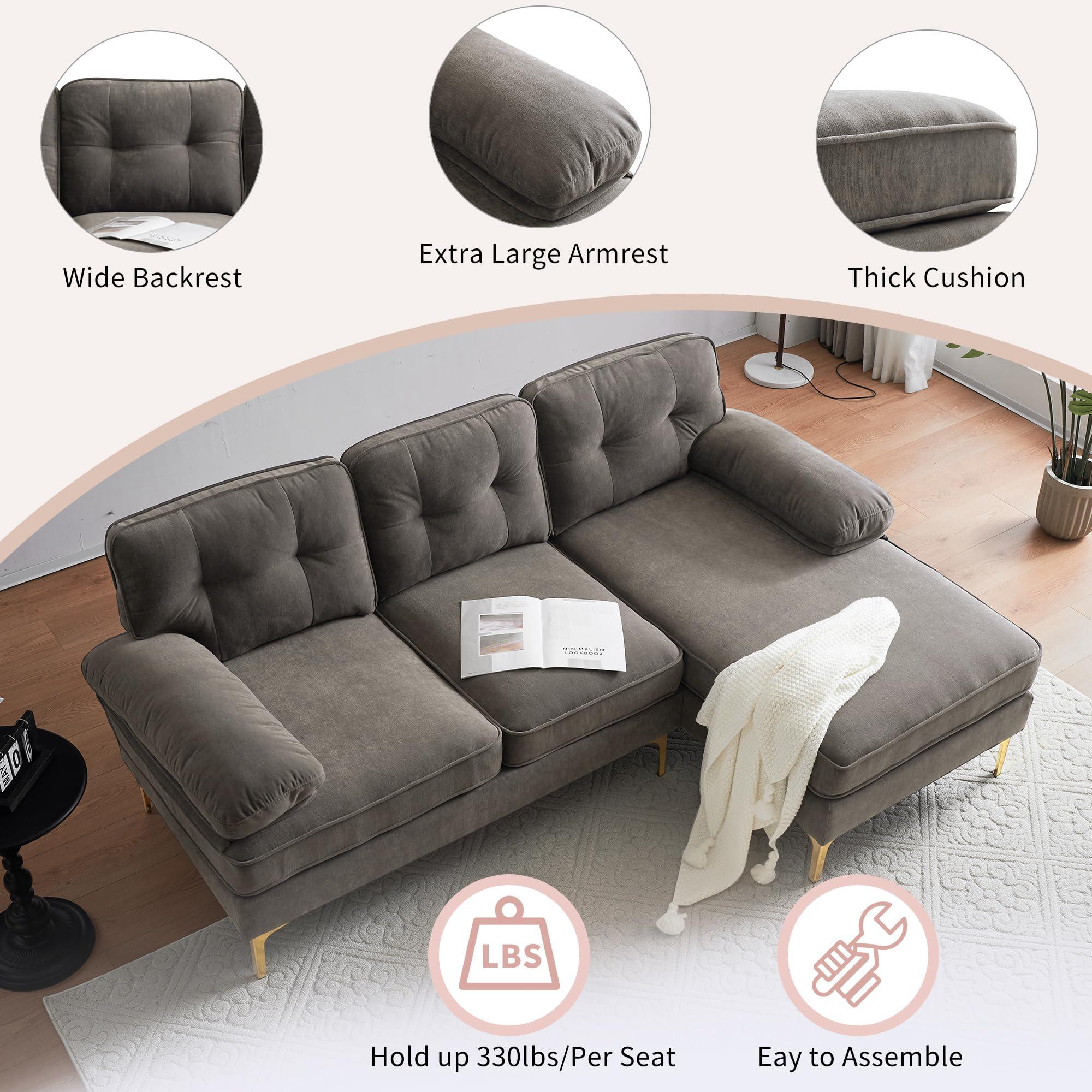 FANYE FANYE L-Shaped Sectional Sofa Couch with Wide Chaise, 83" 3-Seater Convertible Corner Sofa&Couch with Pillows Armrests and Golden Metal Legs Perfect for Home Office Apartment Compact Living Room