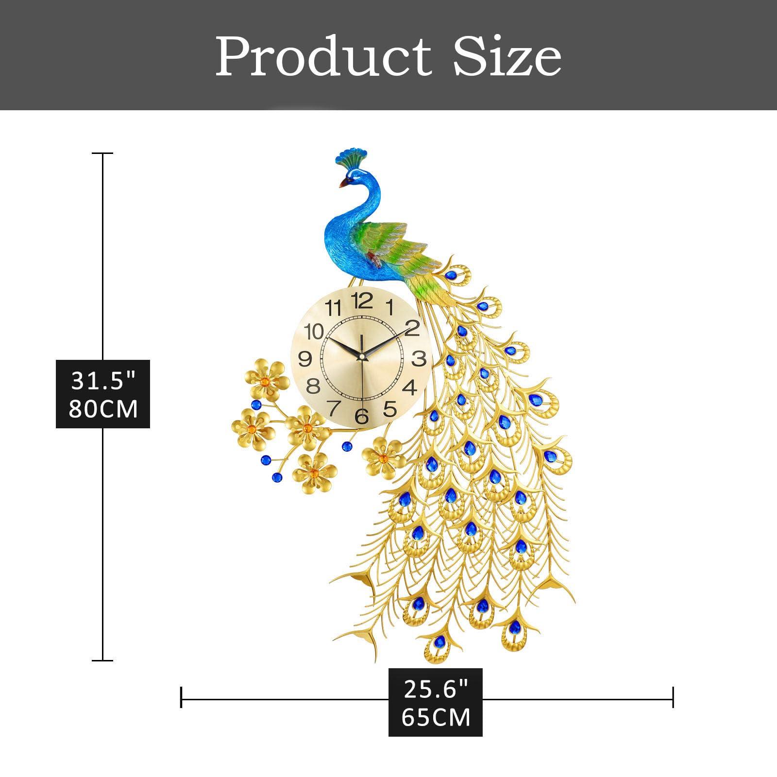 EURSON EURSON Large Peacock Wall Clock 31.5 inch Metal Design Non-Ticking Silent Art Digital Wall Clocks for Living Room Decor Gold