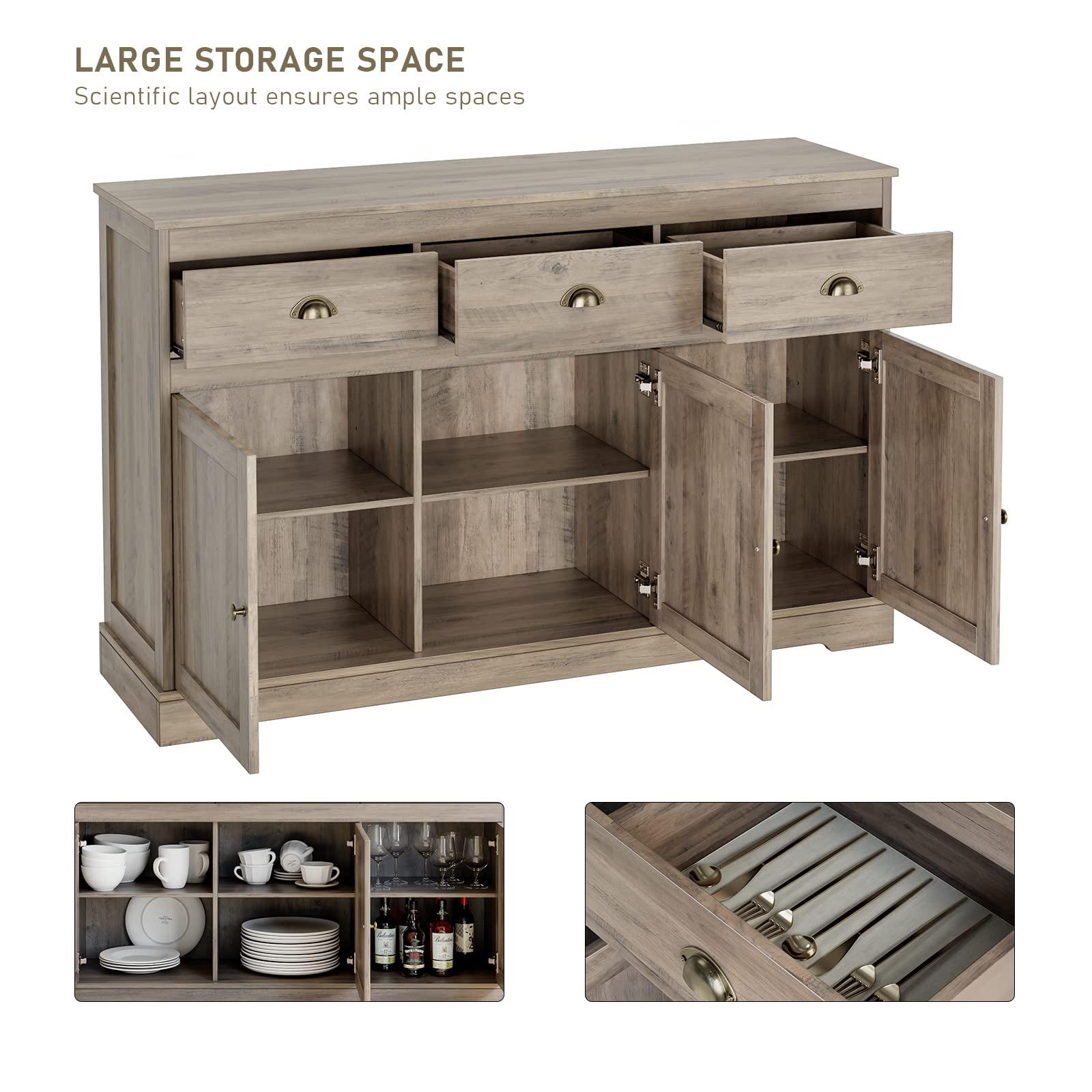 Keyluv Keyluv Buffet Storage Cabinet, Sideboard Farmhouse Server Bar Wine Cabinet with 3 Drawers & 3 Doors Adjustable Shelves Console Table for Kitchen, Dining Living Room Cupboard, Grey Wash