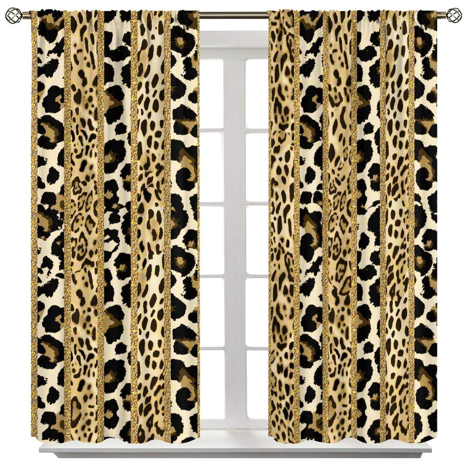 Hazuff Hazuff Leopard Print Blackout Window Curtains, Prairie Cheetah Gold Leopard Animal Print Decoration Insulate Rod Pocket Curtains for Bedroom Living Room Kids Room 42X45in