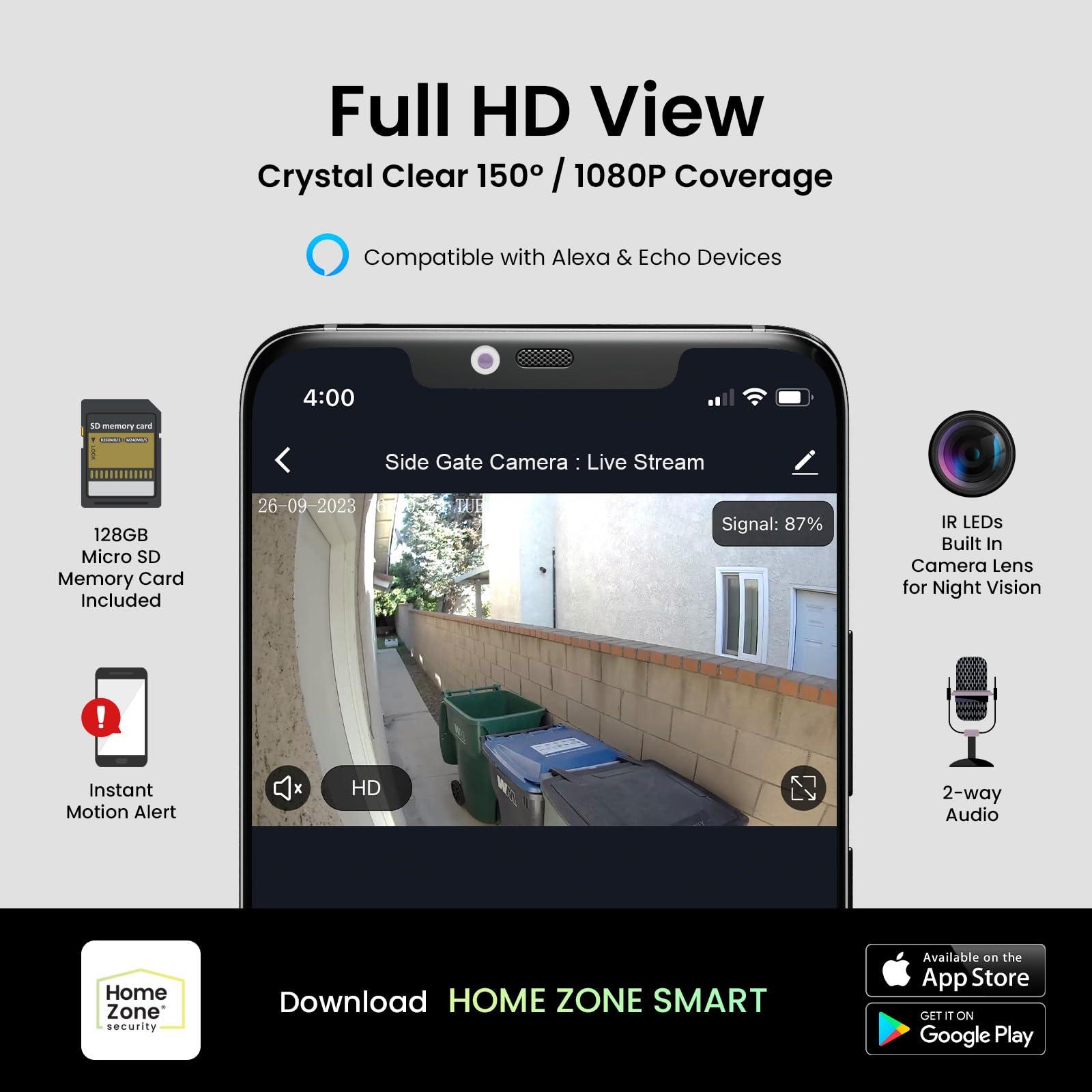 Home Zone Home Zone Security Triple Head Floodlight Camera Smart 2.4 GHz 1080P Outdoor Hardwired 3500 Lumen LED Flood Light Camera with 128GB Local Storage Included, White