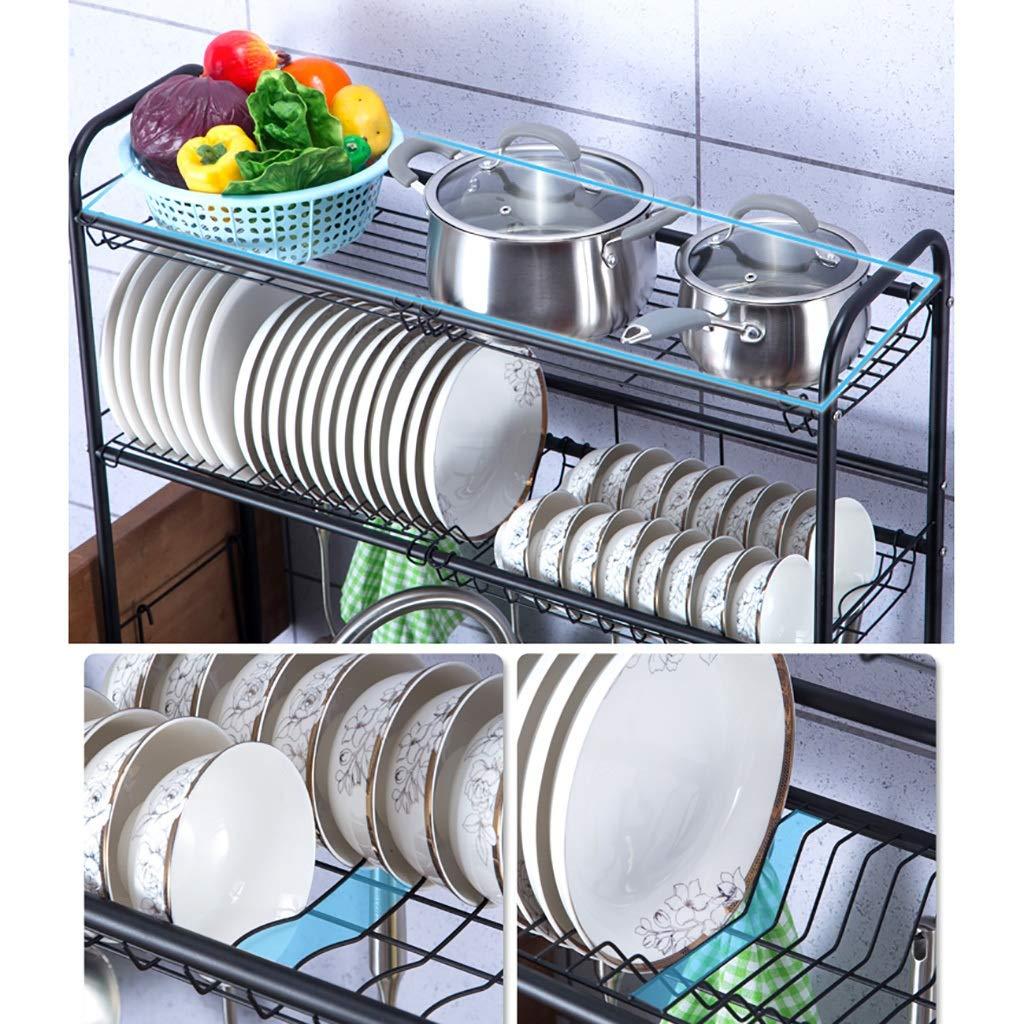 Generic 2 Tier Black 304 Stainless Steel Dish Drainer Rack, Kitchen Over The Sink Drain Rack, Space-Saving (74*28*82cm )