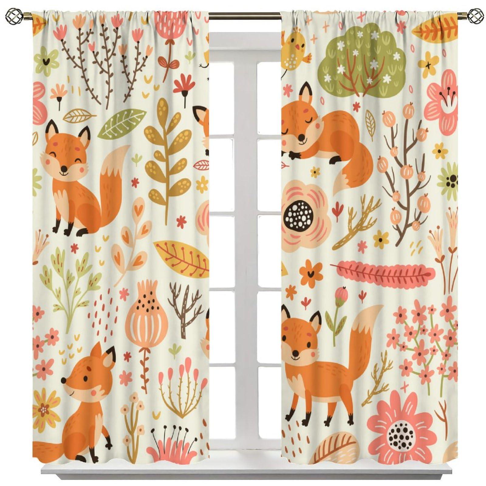 QLYYDS Cartoon Animal Curtains Autumn Forest Flowers Fox Bird Print Pattern Window Drapes for Nursery Baby Bedroom Playroom Fabric 2 Panel W42xL84in