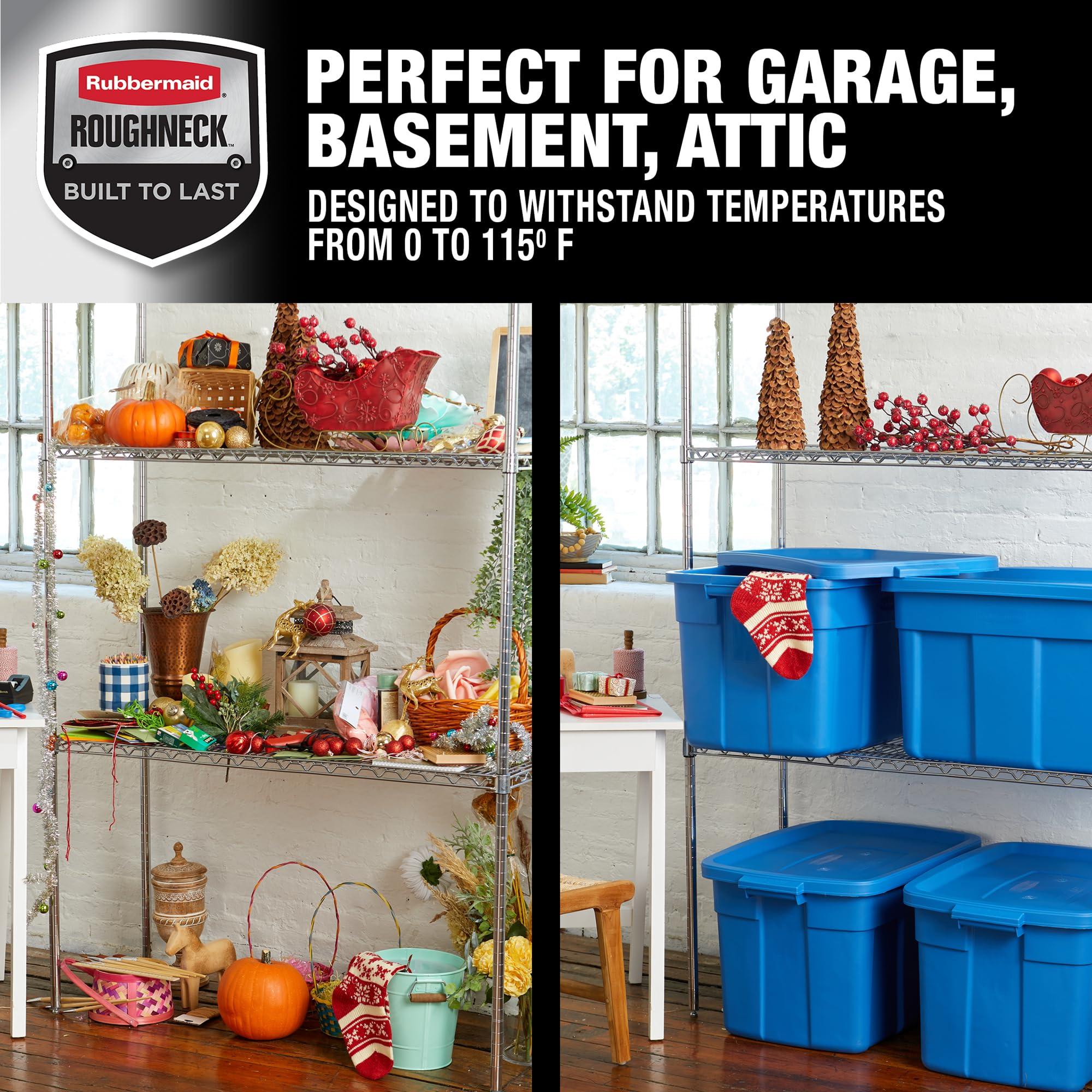 Rubbermaid Rubbermaid Roughneck Tote 25 Gal, 4 Pack, Made in USA, Herirage Blue, Rugged Plastic Stackable Storage Bins with Lids and Handles