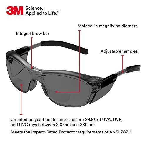 3M 3M Safety Glasses with Readers, Nuvo Readers, +2.0 Diopter, ANSI Z87, Gray Lens, Gray Frame, Soft Nose Bridge, Side Shields
