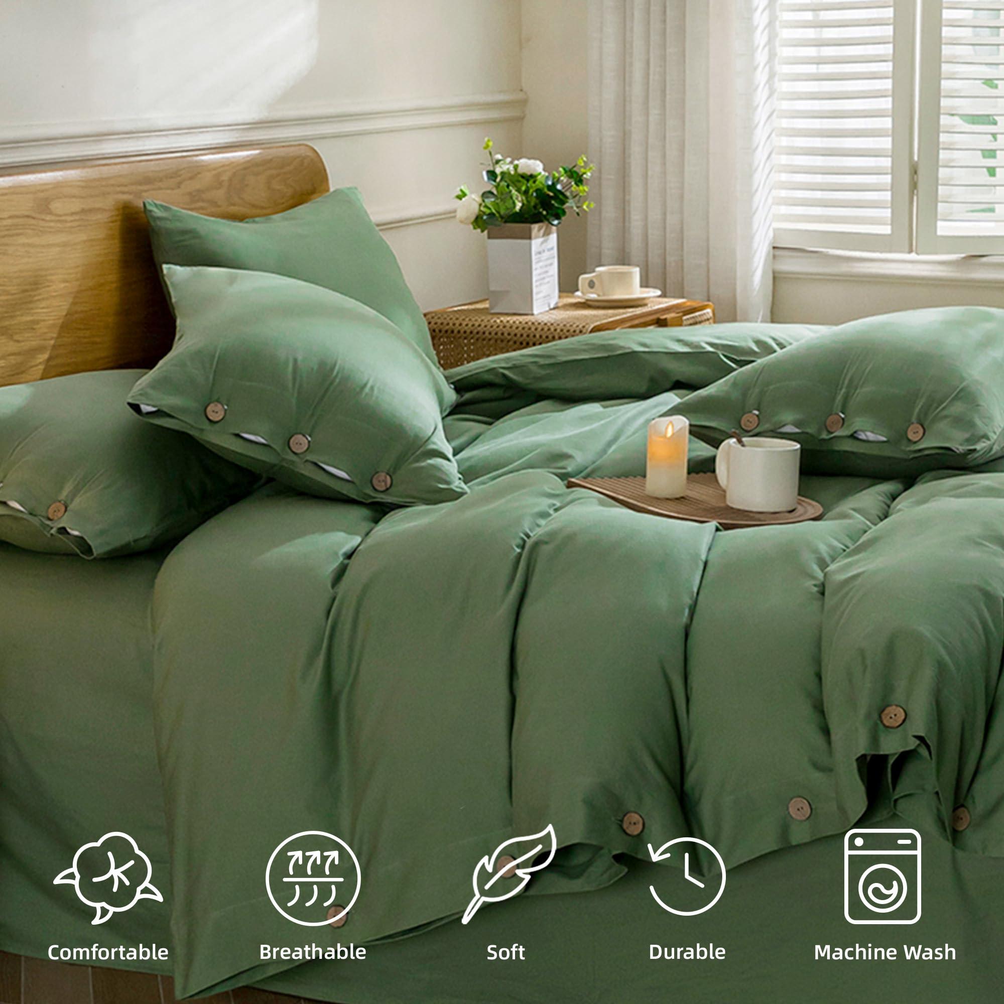 JELLYMONI JELLYMONI Cotton Duvet Cover Set - 100% Washed Cotton Linen Like Textured Comforter Cover, 3 Pieces Soft Bedding Set with Button Closure (Green, Super King 120\"x98\")