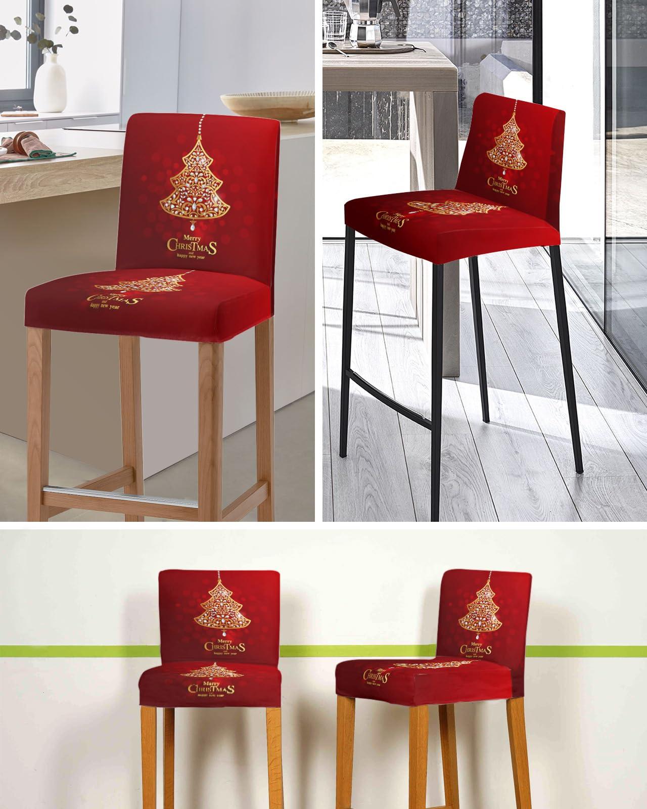 Anzona Anzona Christmas Bar Stool Cover Set of 4, Xmas Tree Red Ombre Merry Christmas Stretch Bar Chair Cover, Removable Washable Pub Counter Stool Chair Slipcover for Kitchen Dining Room Pub Cafe