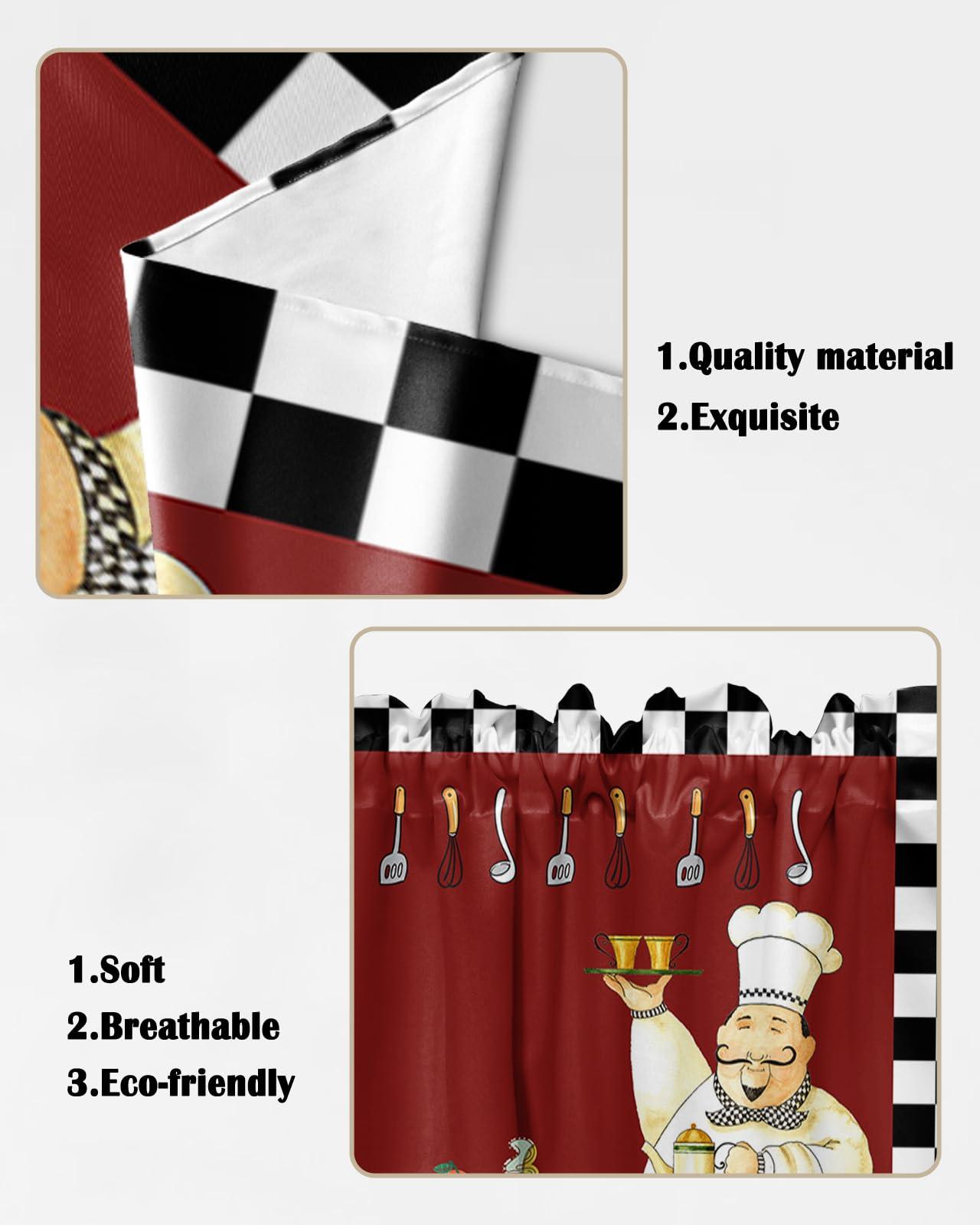 LOVE HOME DAY Cartoon Chef Swag Curtain Valance 28\"x36\" for Farmhouse Kitchen, Kitchen Gourmet and Table 2 Panels Rod Pocket Small Window Swag Valance Pair for Living Room Bathroom Black White Plaid Burgundy Red