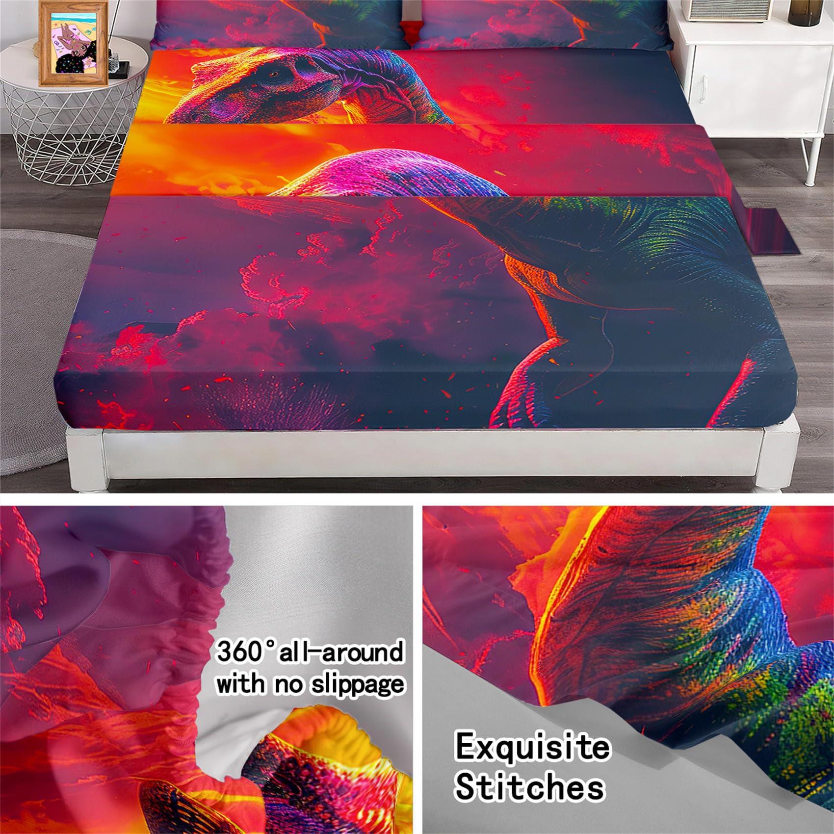 Kossmjx Dinosaur Sheet Set Queen - 4Pcs Boys Dinosaur Queen Size Bedding Set Nightfall Cartoon Dinosaur Bed Sheet with 1 Fitted Sheet & 1 Flat Sheet + 2 Pillowcases Toddler Bed Sheets for Boys Kids Bedroom