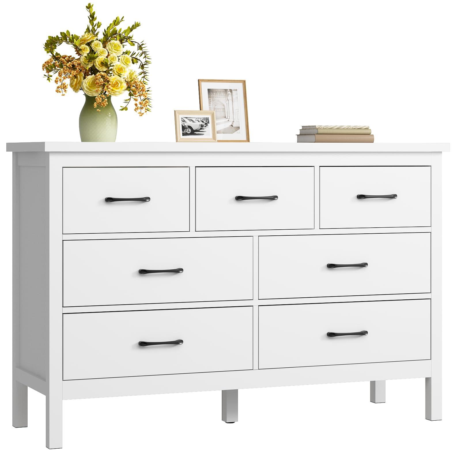 Tradare Tradare White Dresser for Bedroom with 7 Drawer,Wooden Double Dresser with Metal Handles, Wide Chest of Organizer Storage Drawers for Living Room, Hallway, Entryway