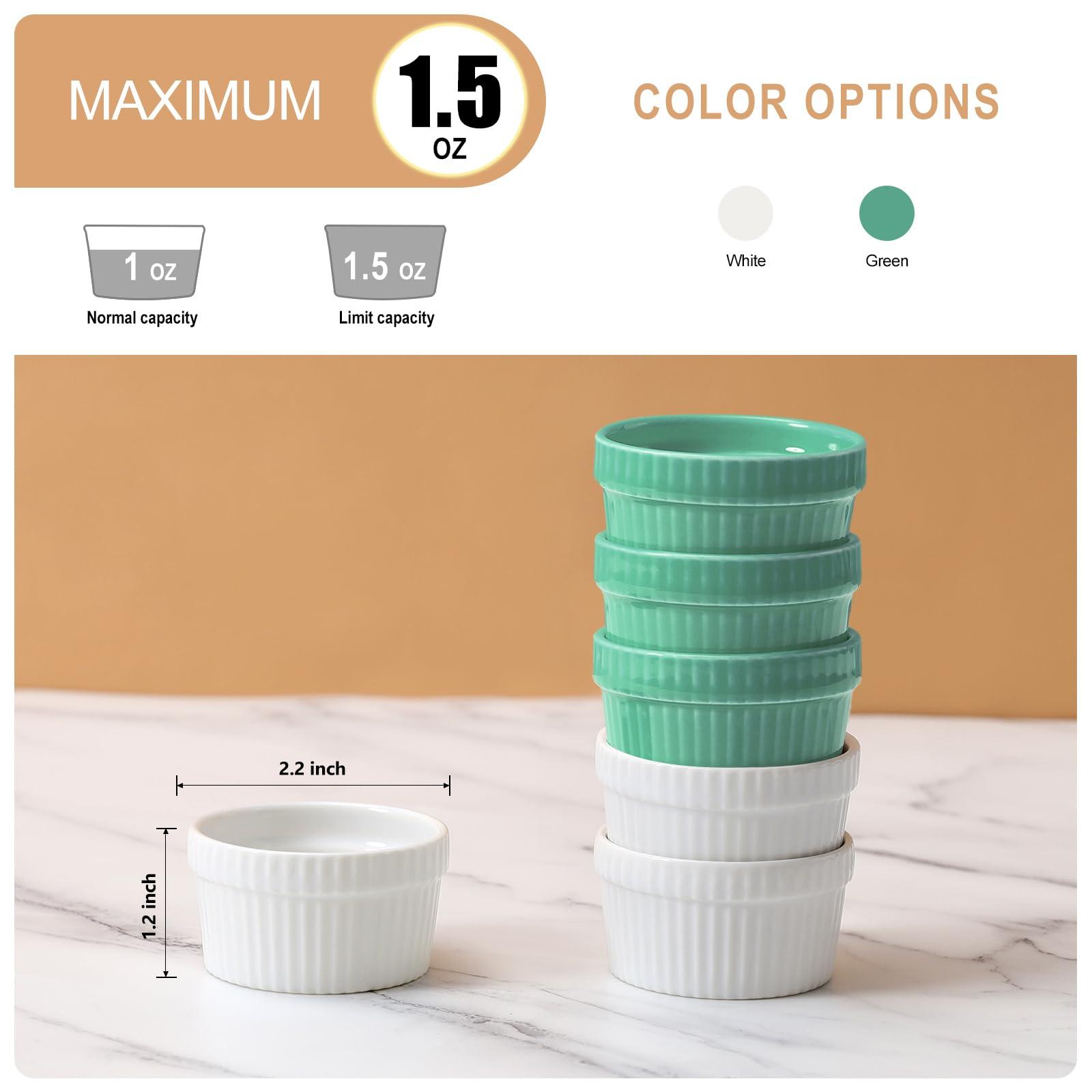 Vidalenta Vidalenta Mini Ramekins 1.5 oz Dipping Sauce Cups Ceramic Tiny Ramekins Set of 6 - Porcelain Souffle Dish Condiment Cups Small Bowls for Charcuterie Board, Microwave & Oven Safe, WhiteGreen