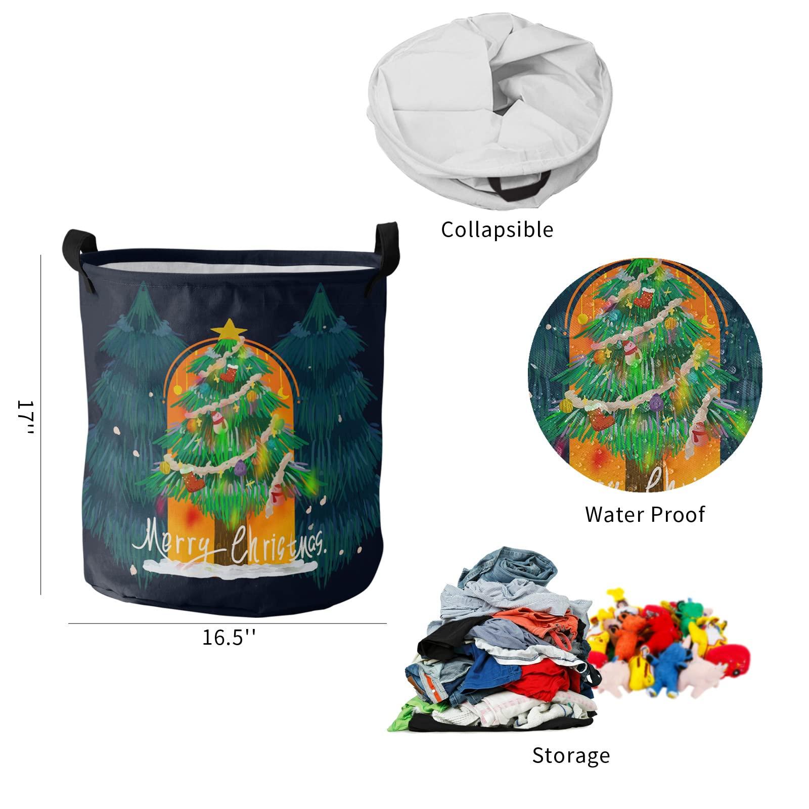 ZOE STORE Merry Christmas Large Laundry Basket, Waterproof Laundry Hamper for Baby Clothes, Green Xmas Tree Orange Lighting Black Foldable Laundry Baskets with Handles, 16.5\'\'x17\'\'