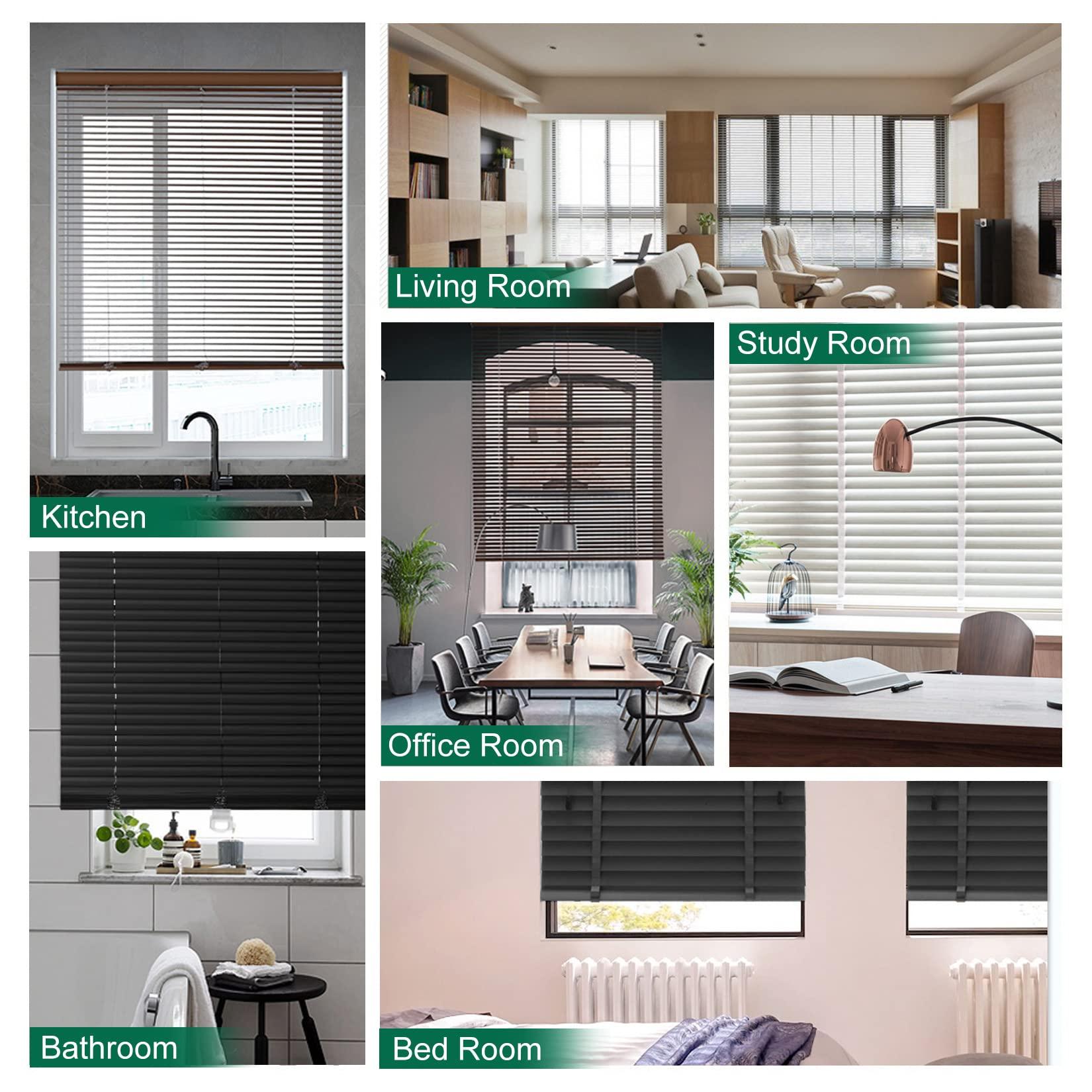 Fiunkes Wooden Window Blinds Blackout Venetian Blinds for Windows, Black Wooden Blinds, Noise Reduction Window Wood Blinds, Window Sun Blade Privacy Drape Blinds for Interior Windows,24'' W x 84'' H