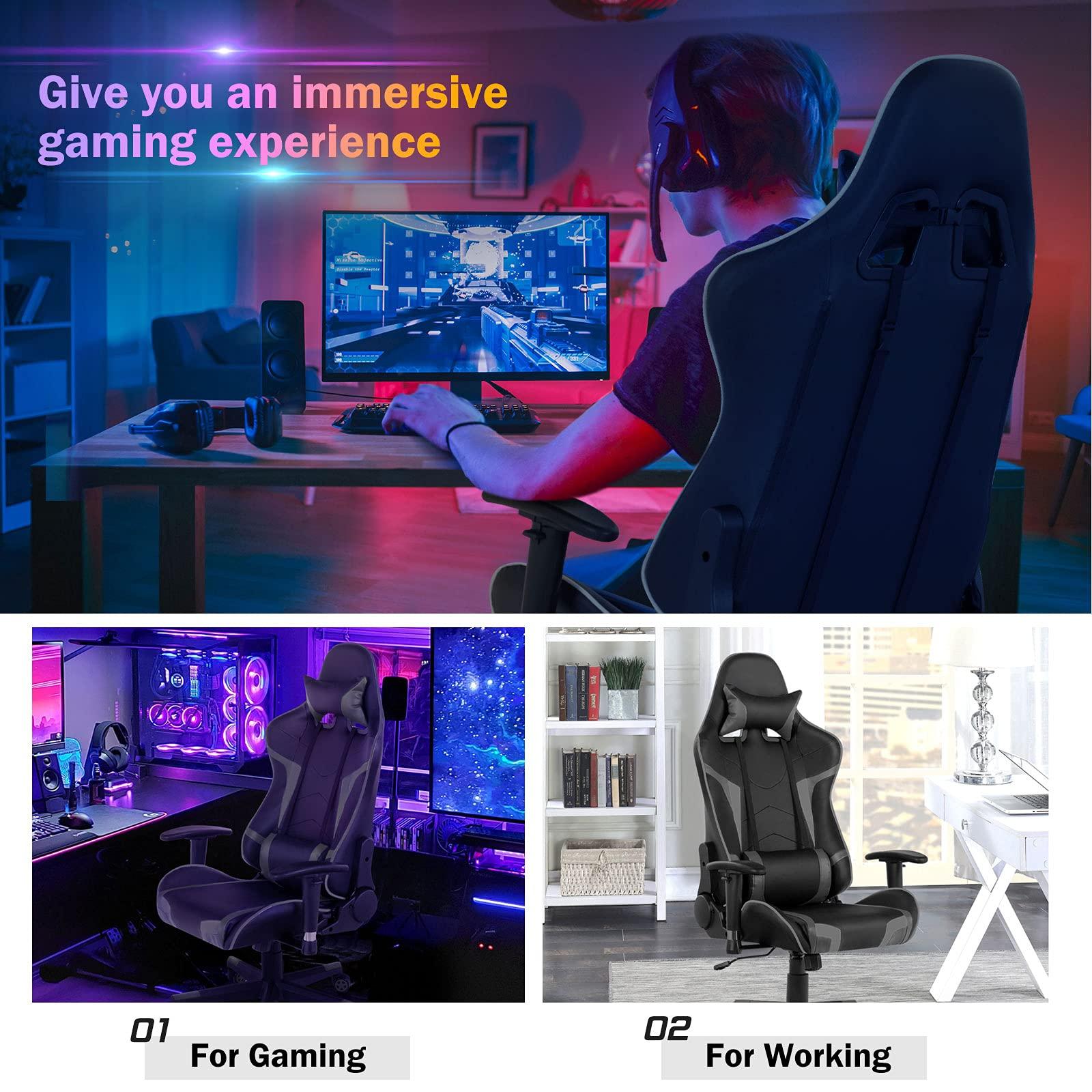 GYMAX GYMAX Gaming Chair, Massage Gaming Chairs for Adults with Headrest, Lumbar Support & Armrest, Video Computer Reclining Gaming Chair, Office Desk Gamer Task Chair (Grey)
