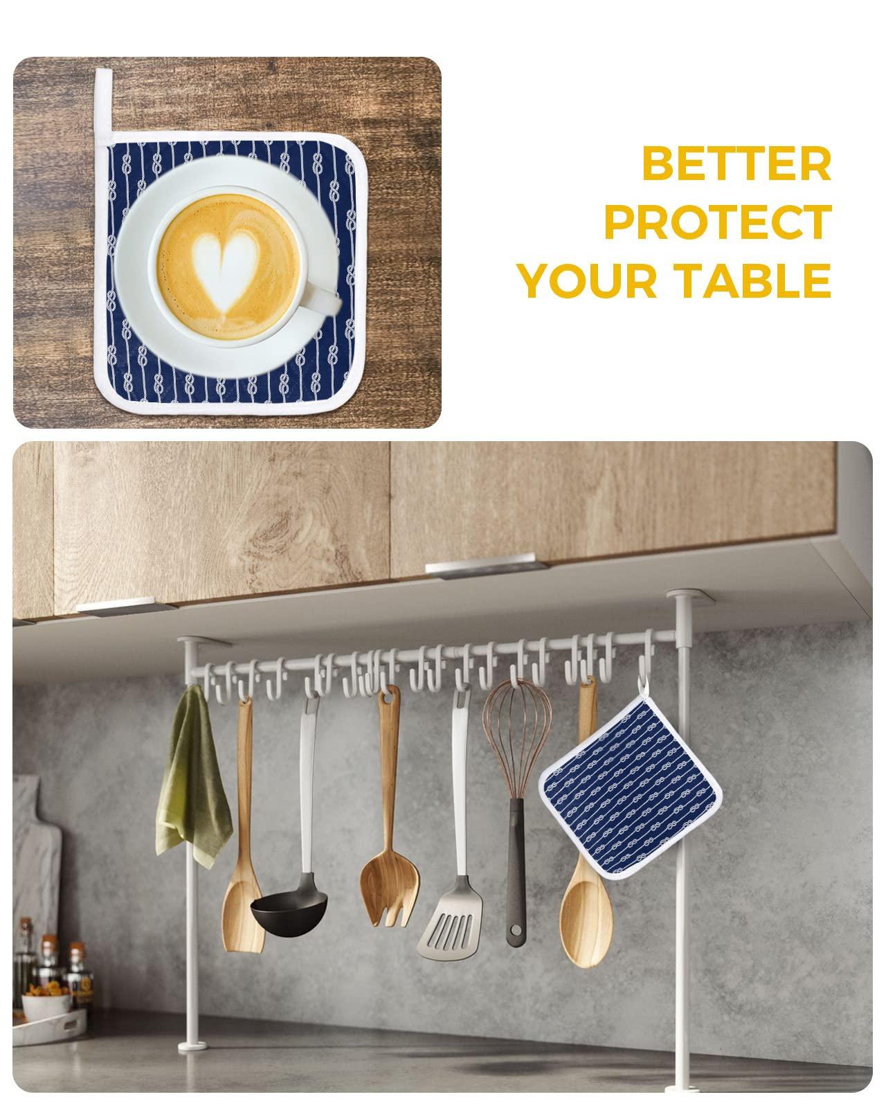 Boanket Coastal Whiet Knot Pot Holders for Kitchen, Navy Blue Summer Beach Seaside Nautical Pot Holder with Loop Trivet Heat Insulation Oven Mitts Hot Pads, Washable Potholders for Cooking Backing 2 Pack