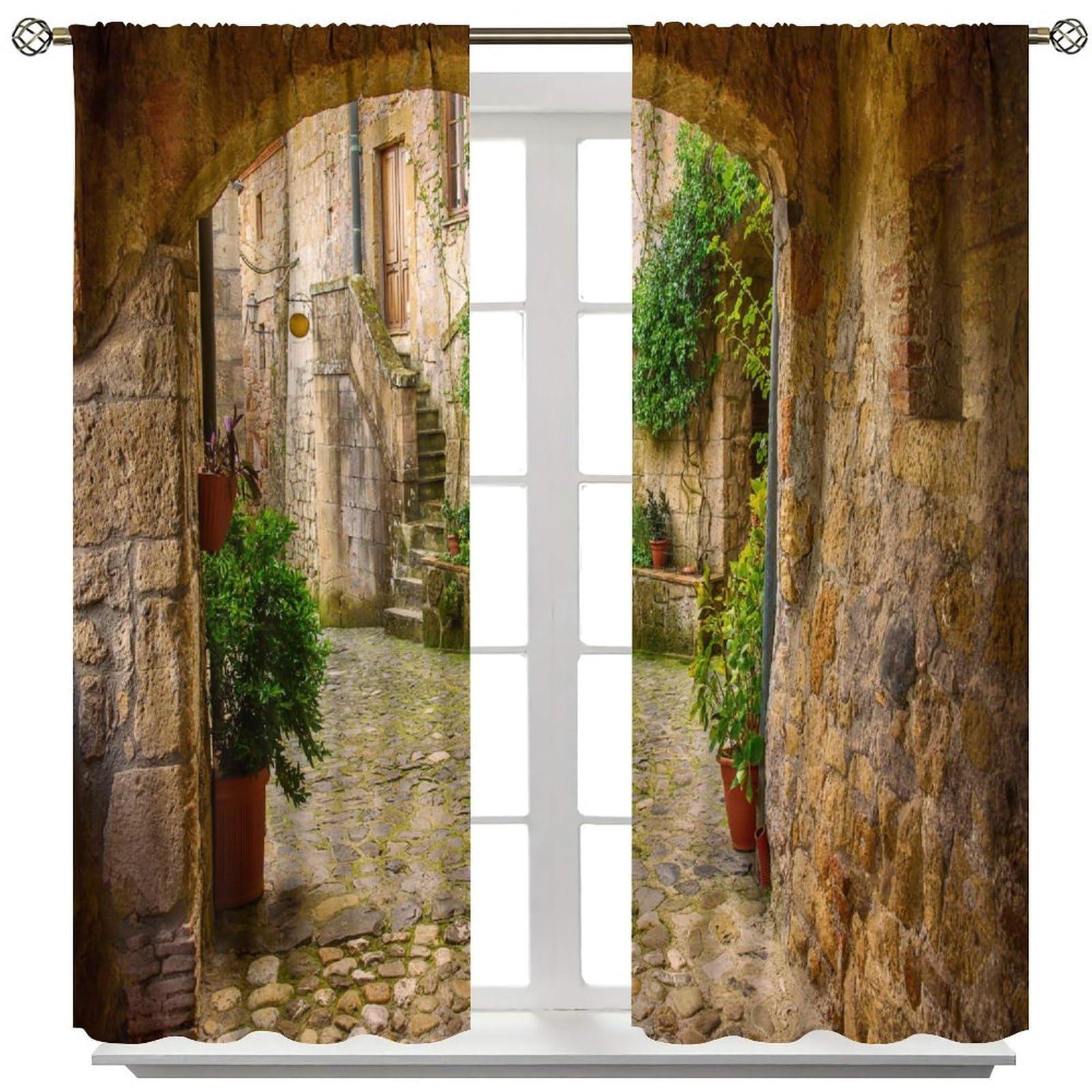 ZhiRain Scenery Kitchen Italian Curtains, Landscape from Door Antique Style Stone Village Tuscany Italian Valley, Blackout Rod Pocket Window Drapes 2 Panel Set for Kitchen Cafe Decor 63x72in
