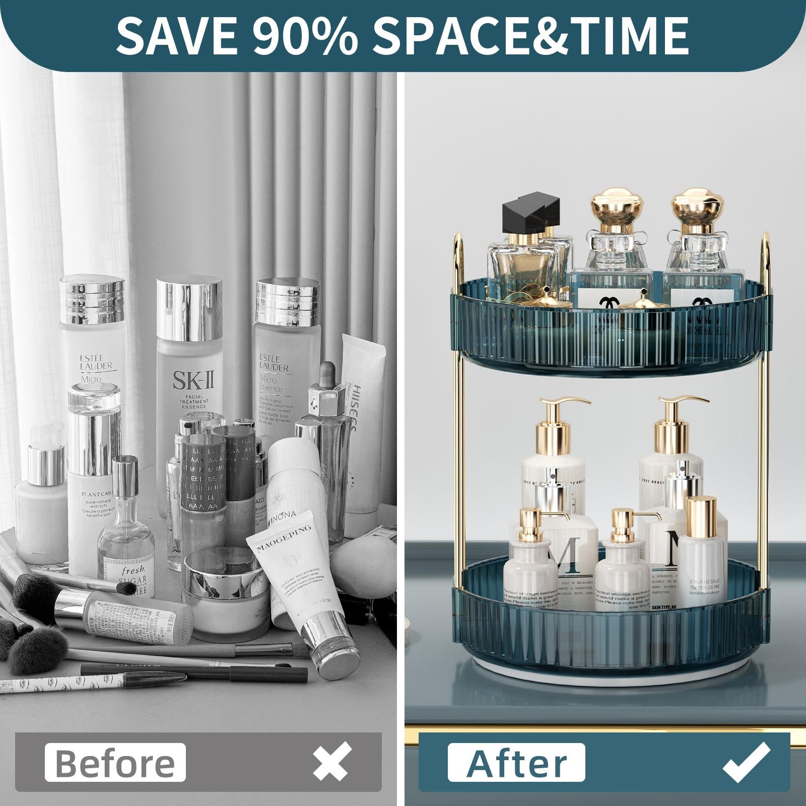 Weidace Weidace 360 Rotating Makeup Organizer for Vanity, Bathroom Countertop Organizer Spinning Perfume Organizer, High-Capacity Cosmetic and Skincare Dresser Make Up Holder Rack (2 Tiers, Blue)